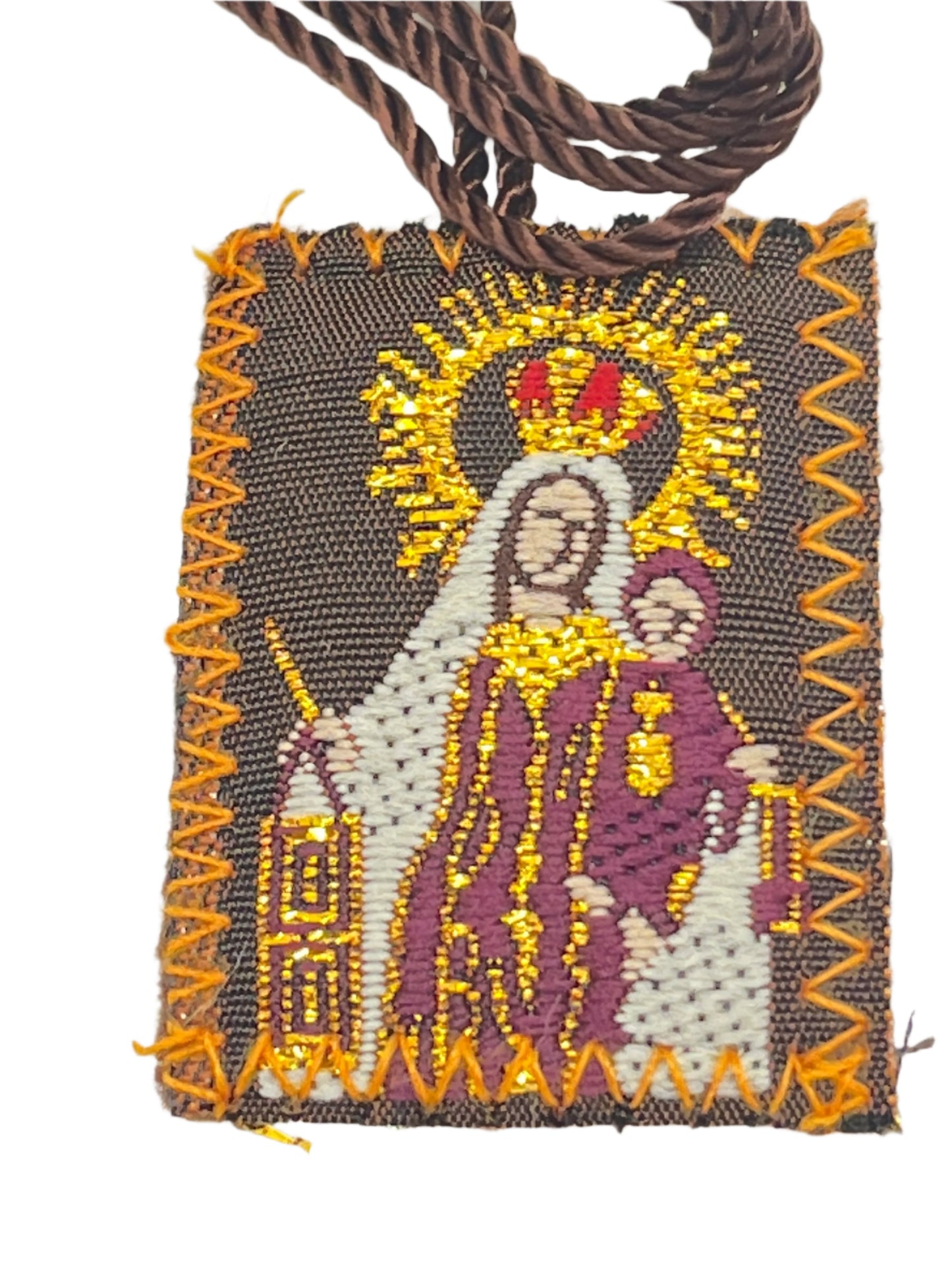 Brown scapular with embroidered Our Lady of Mount Carmel and Child, gold and purple thread, 1 1/2 by 1 inch size.