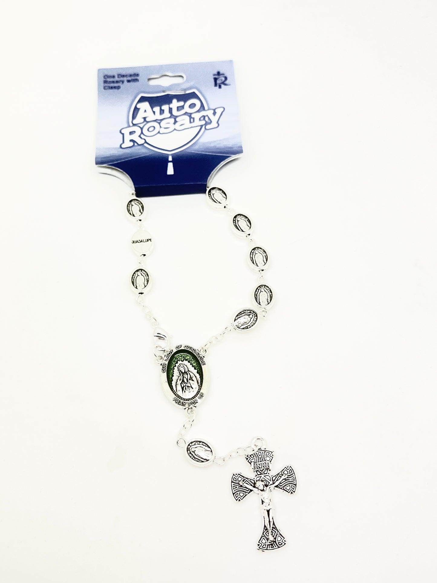 Our Lady of Guadalupe Auto Car Rosary with green and silver centerpiece, detailed crucifix, and matching decade beads