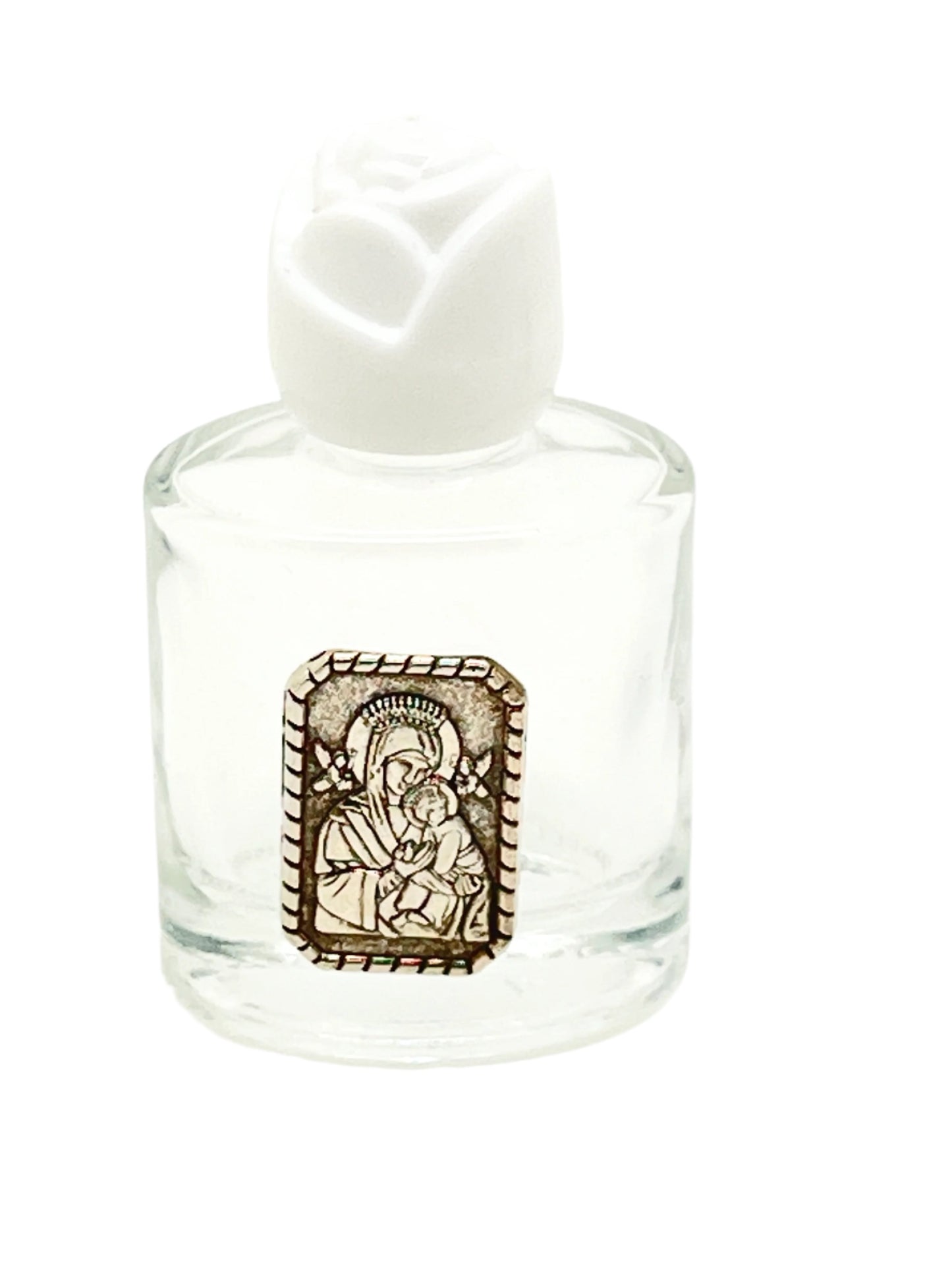 Glass holy water bottle 2.25 inches tall with Our Lady of Perpetual Help image and white rose-shaped cap