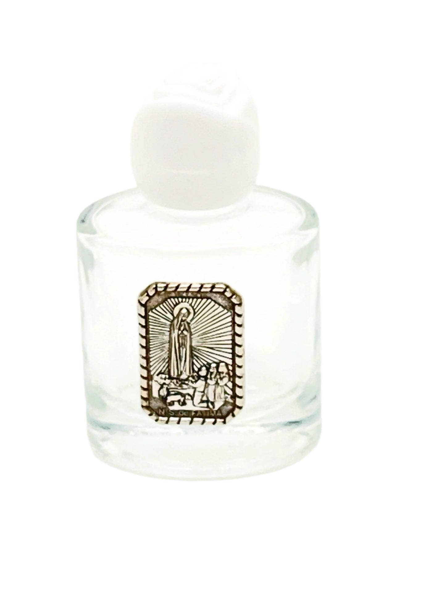 Small glass holy water bottle with metal Our Lady of Fatima plaque and white plastic cap, 2.25 inches tall.
