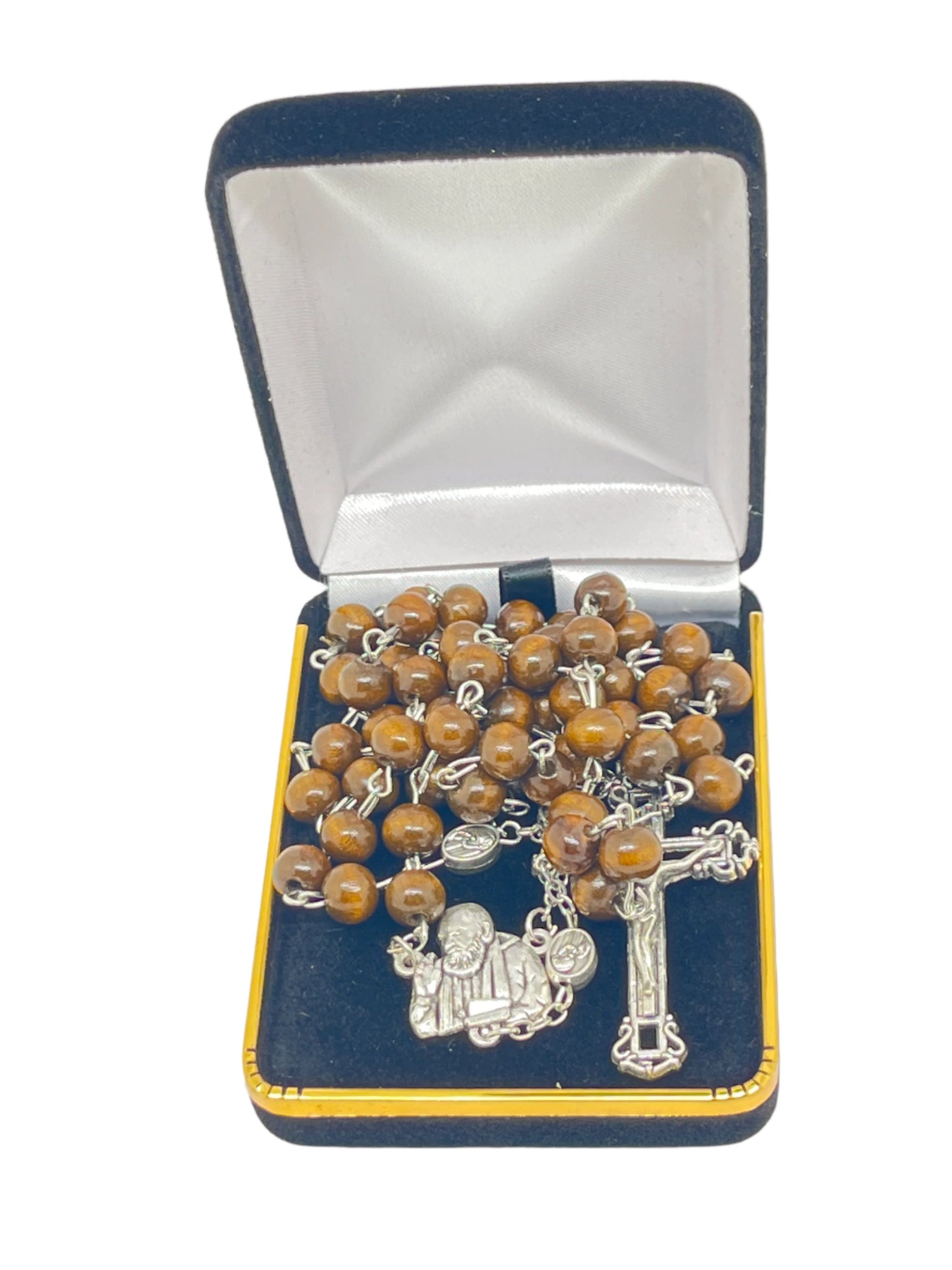22" Padre Pio brown wood rosary with silver bust centerpiece, Our Father bead, matching crucifix, and black velvet gift box
