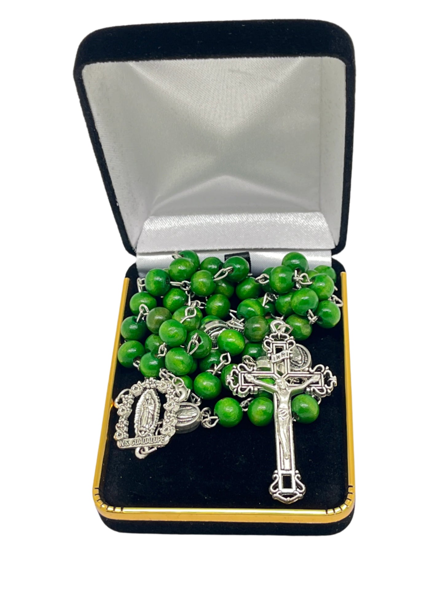 22" green wood rosary with Our Lady of Guadalupe centerpiece, matching Our Father beads, and silver crucifix in black velvet box