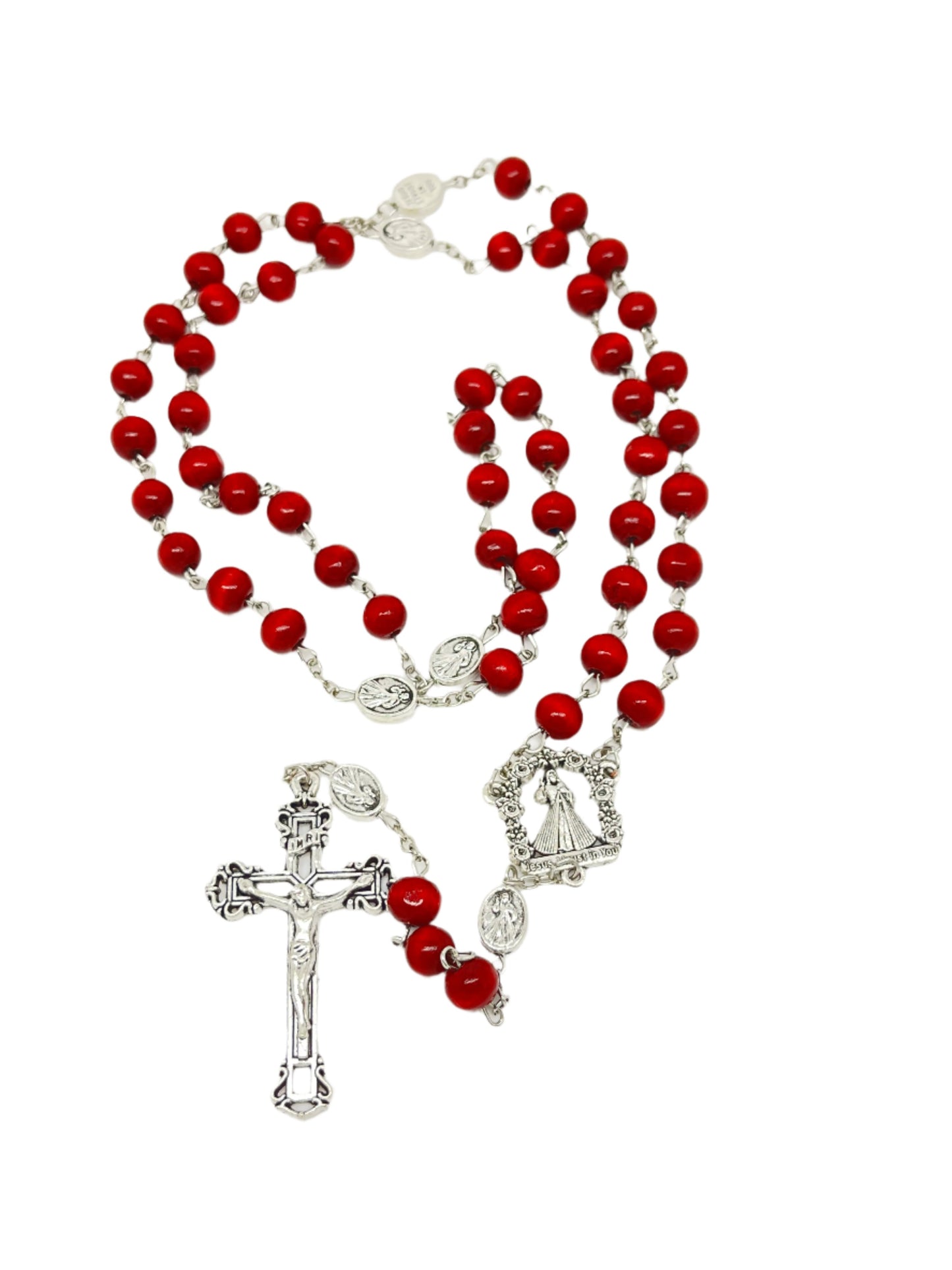 22" red wood Divine Mercy rosary with silver crucifix, Divine Mercy centerpiece and Our Father beads on silver chain