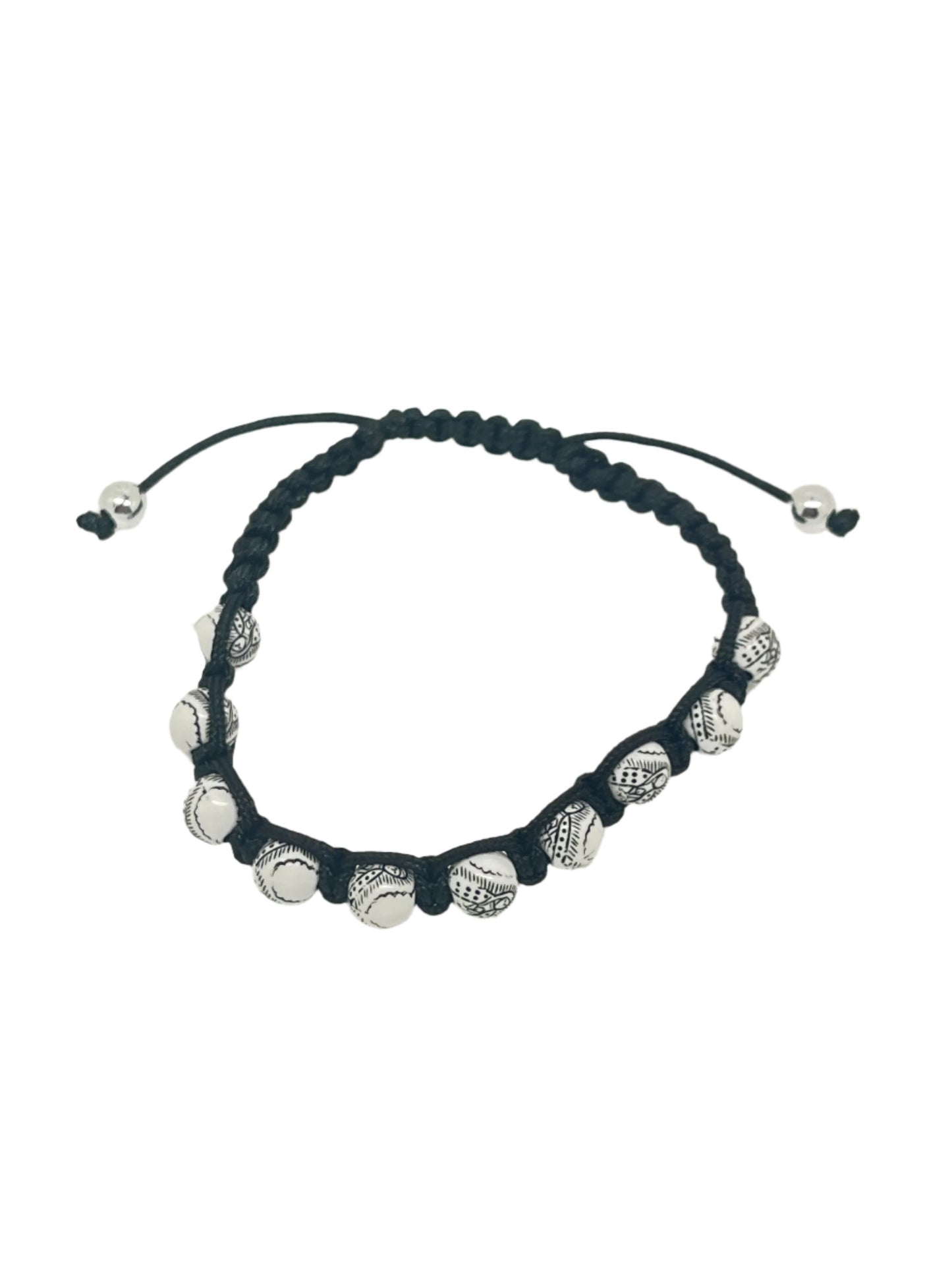 Adjustable black cord rosary bracelet with silver Our Lady of Guadalupe beads and silver accents on ends