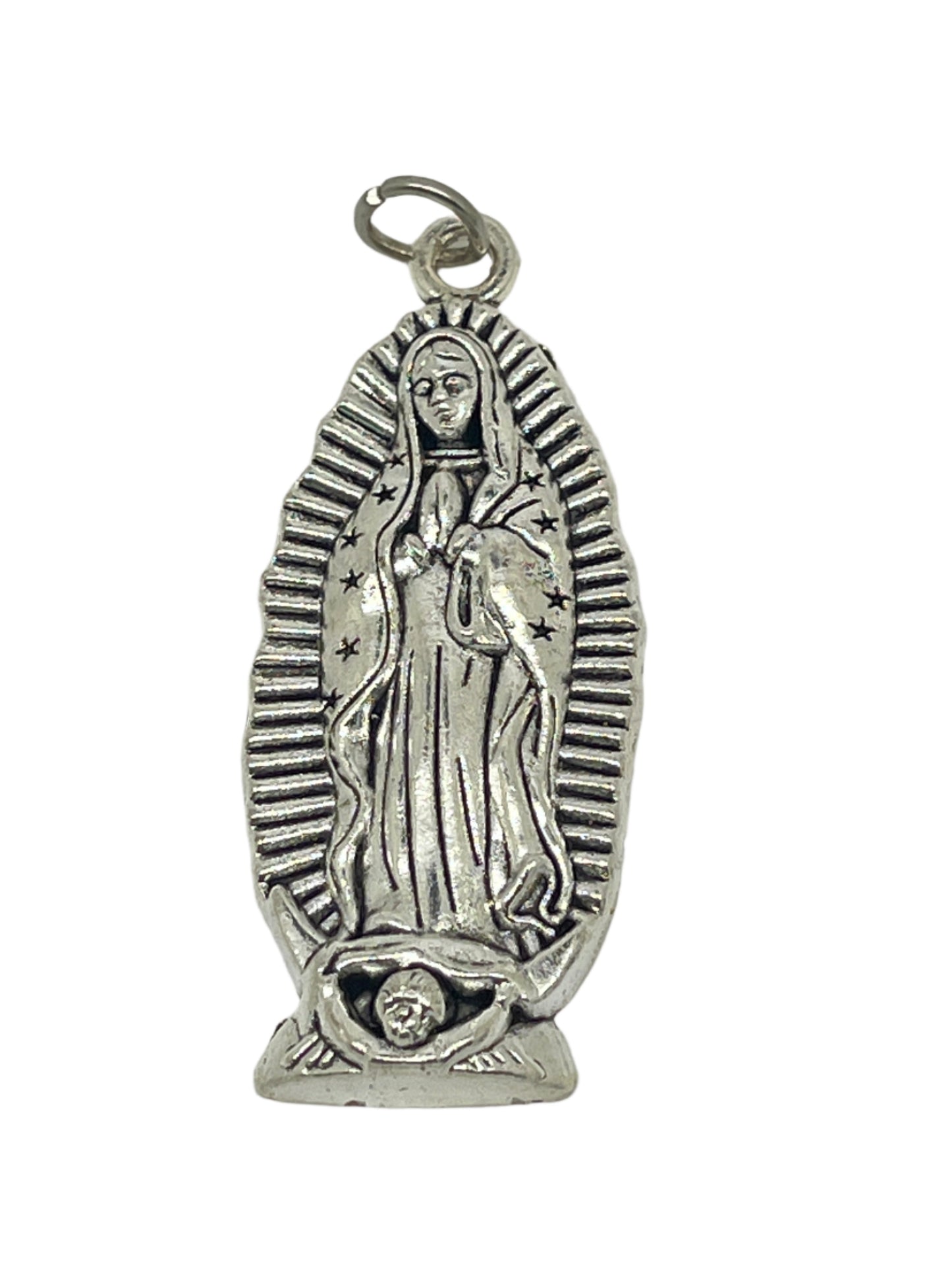 2-inch silver Our Lady of Guadalupe oxi medal with detailed religious figure and radiant design surrounding her.