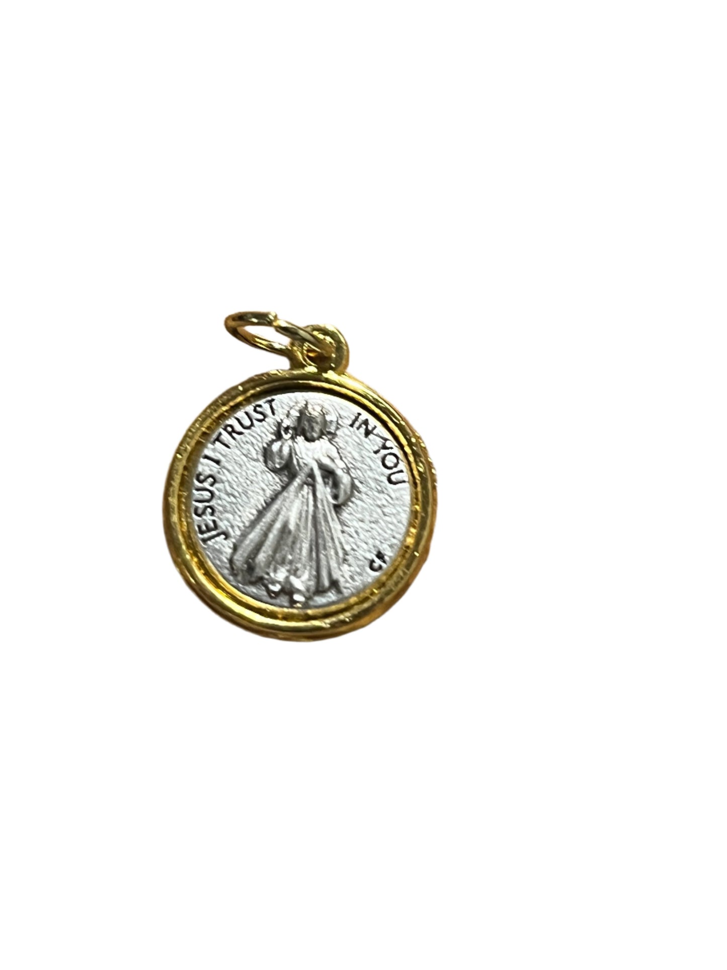 Small round Divine Mercy medal charm with gold-tone border and "Jesus I Trust in You" inscription on white background