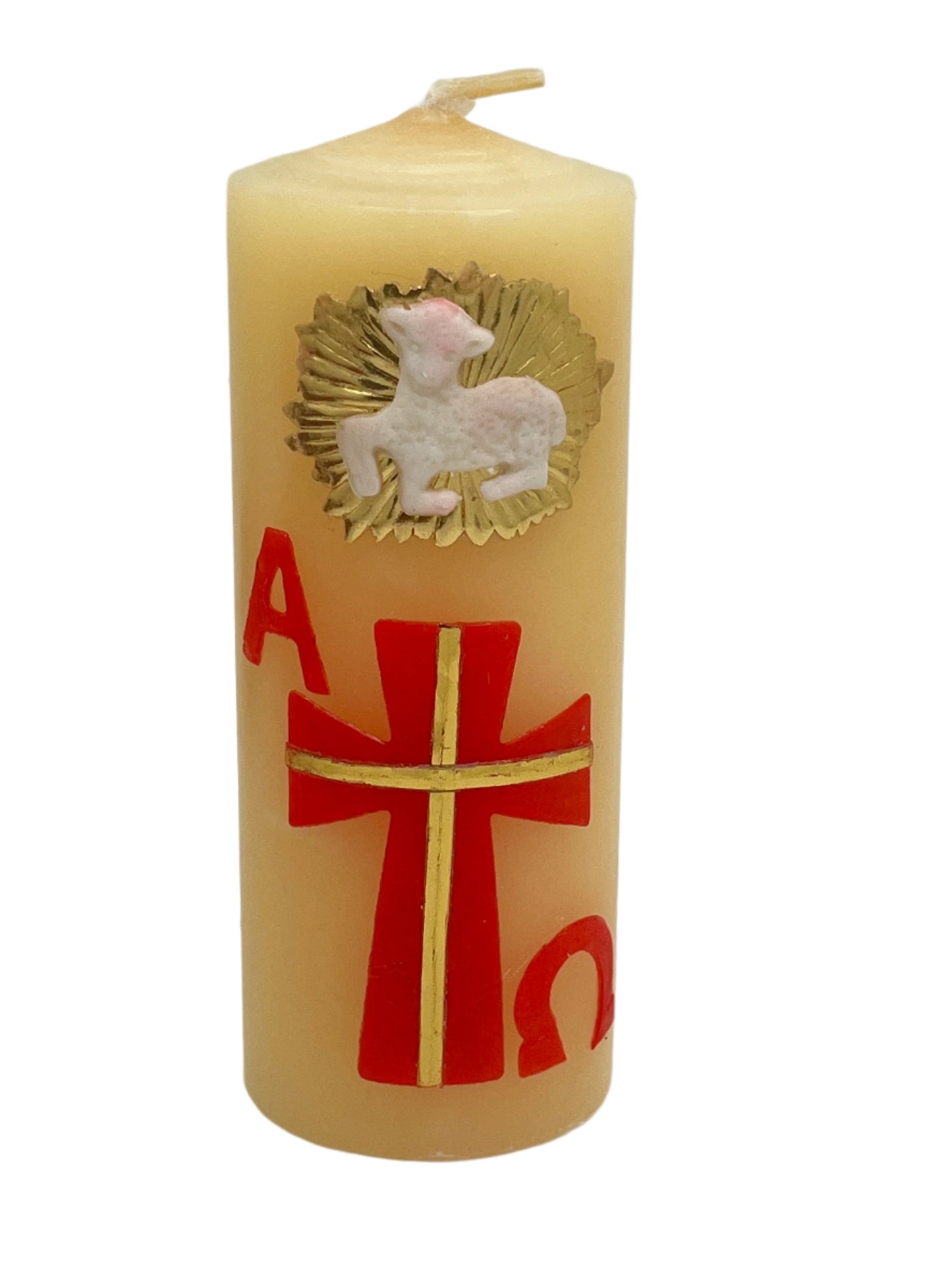 5" beeswax prayer candle with carved red Alpha Omega cross and lamb, liturgical symbol for Catholic worship