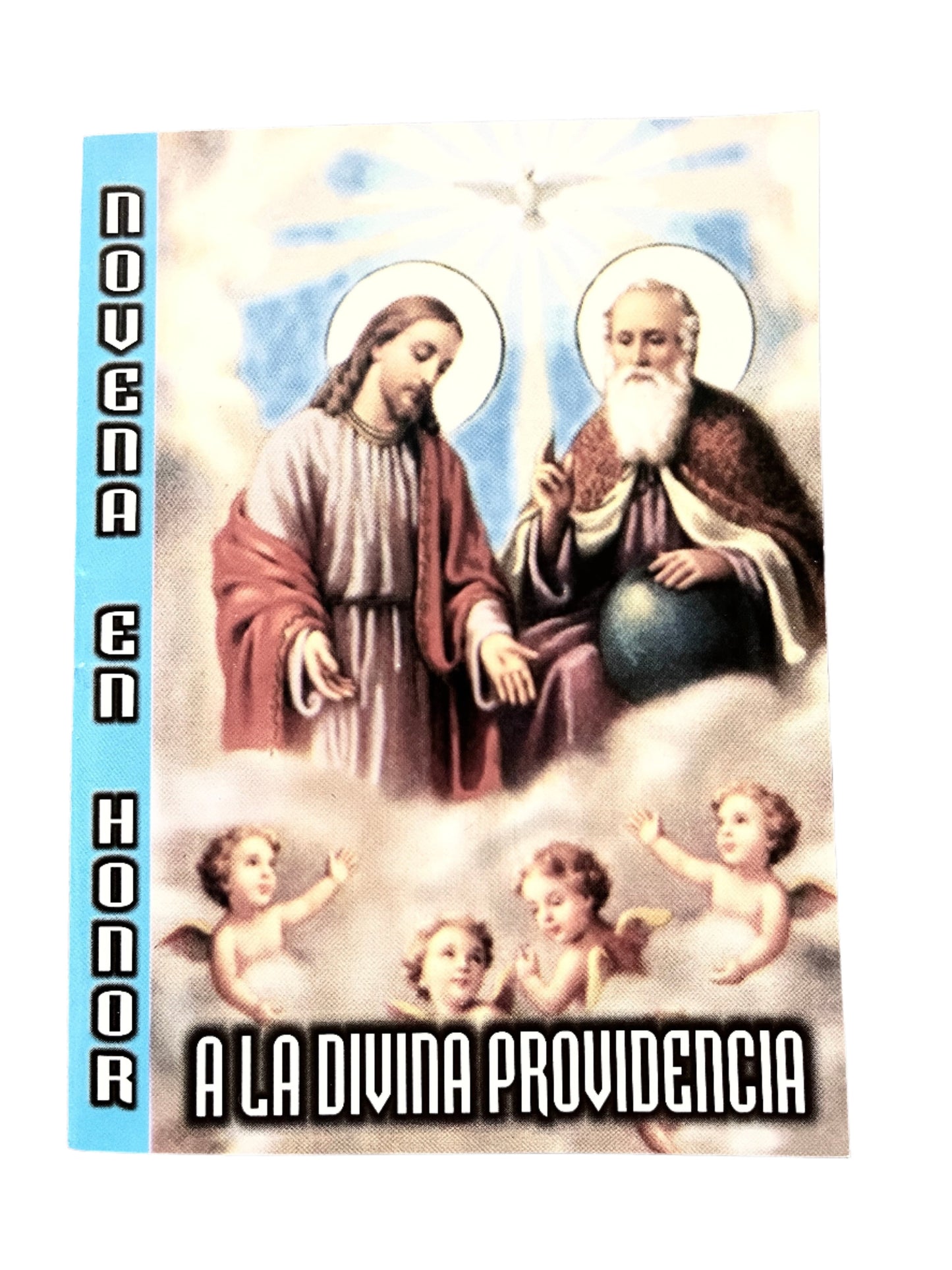 Prayer booklet cover depicting Jesus, God the Father, Holy Spirit, and cherubs with blue sky background