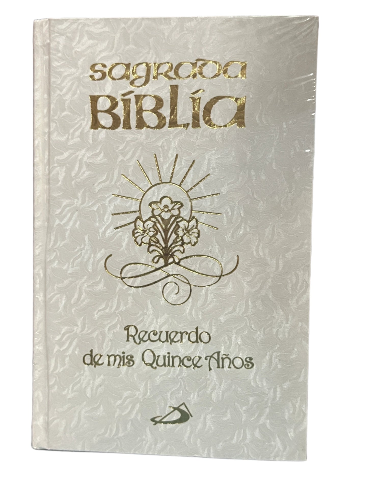 White mother-of-pearl cover Bible with gold lettering and floral design, "Recuerdo de mis Quince Años" edition.