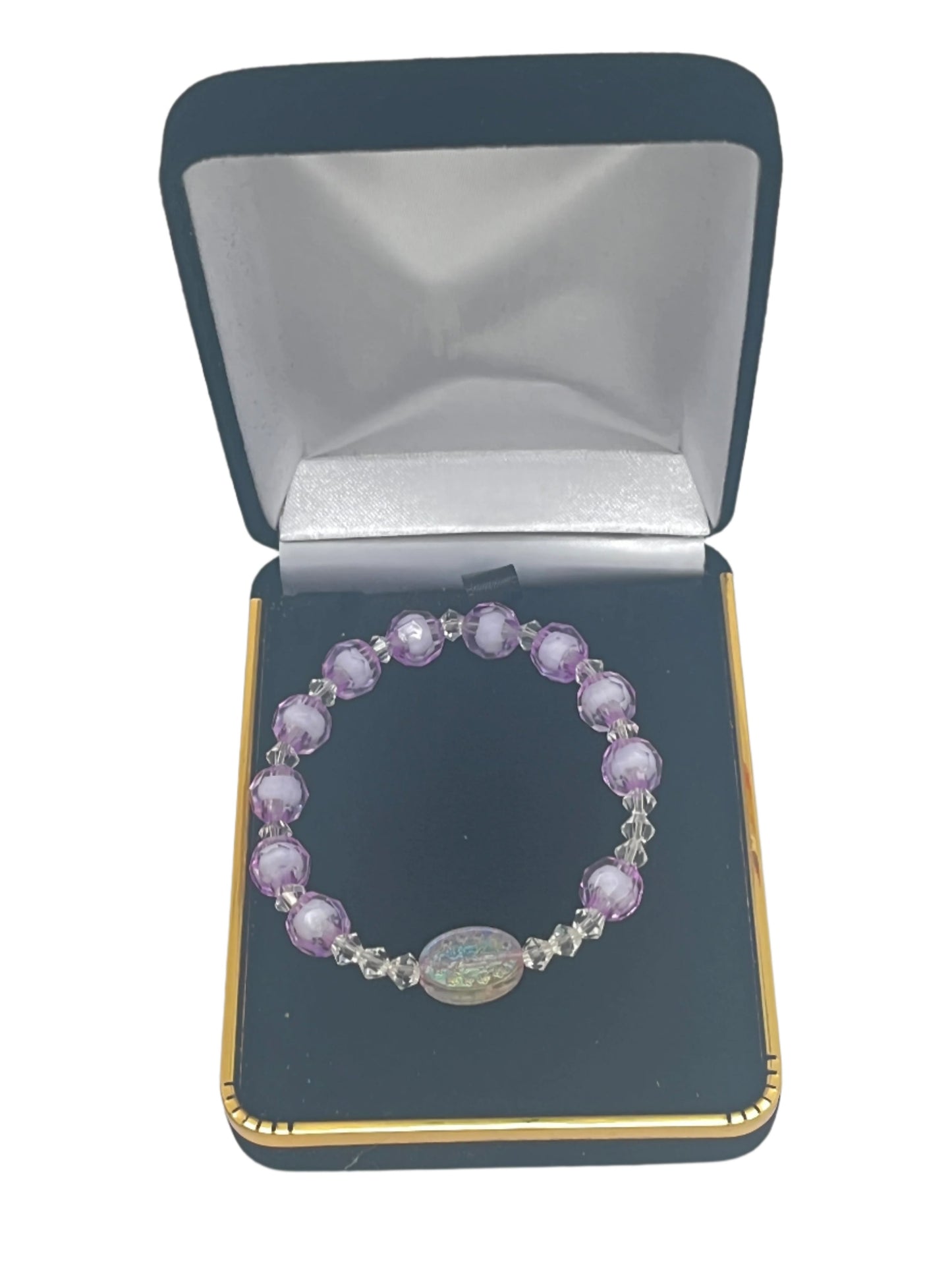 Purple acrylic children’s rosary bracelet with faceted beads and Miraculous Medal in black and gold gift box