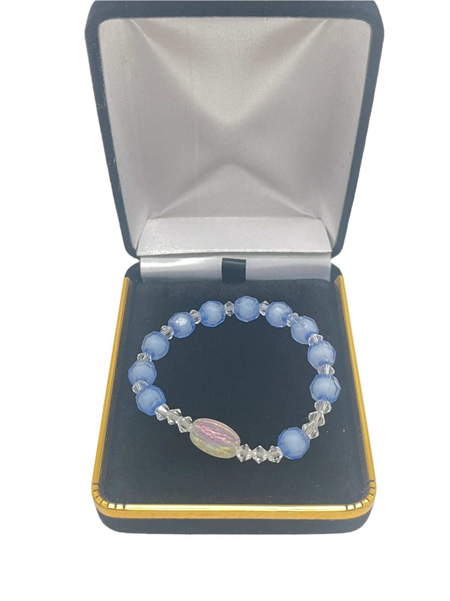 Blue acrylic children’s rosary bracelet with faceted beads and Miraculous Medal in black and gold gift box