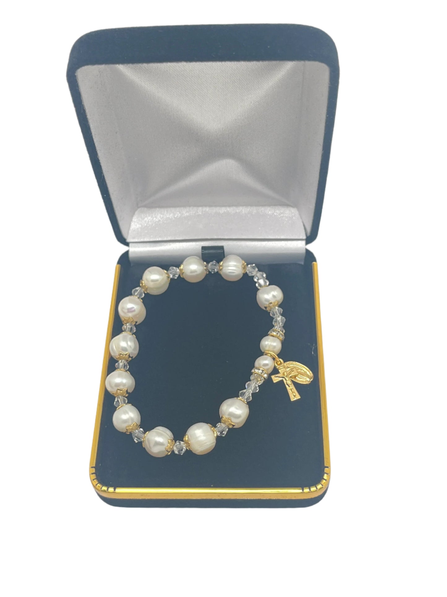 Genuine pearl rosary bracelet with gold plated crucifix and Miraculous Medal in black velvet gift box