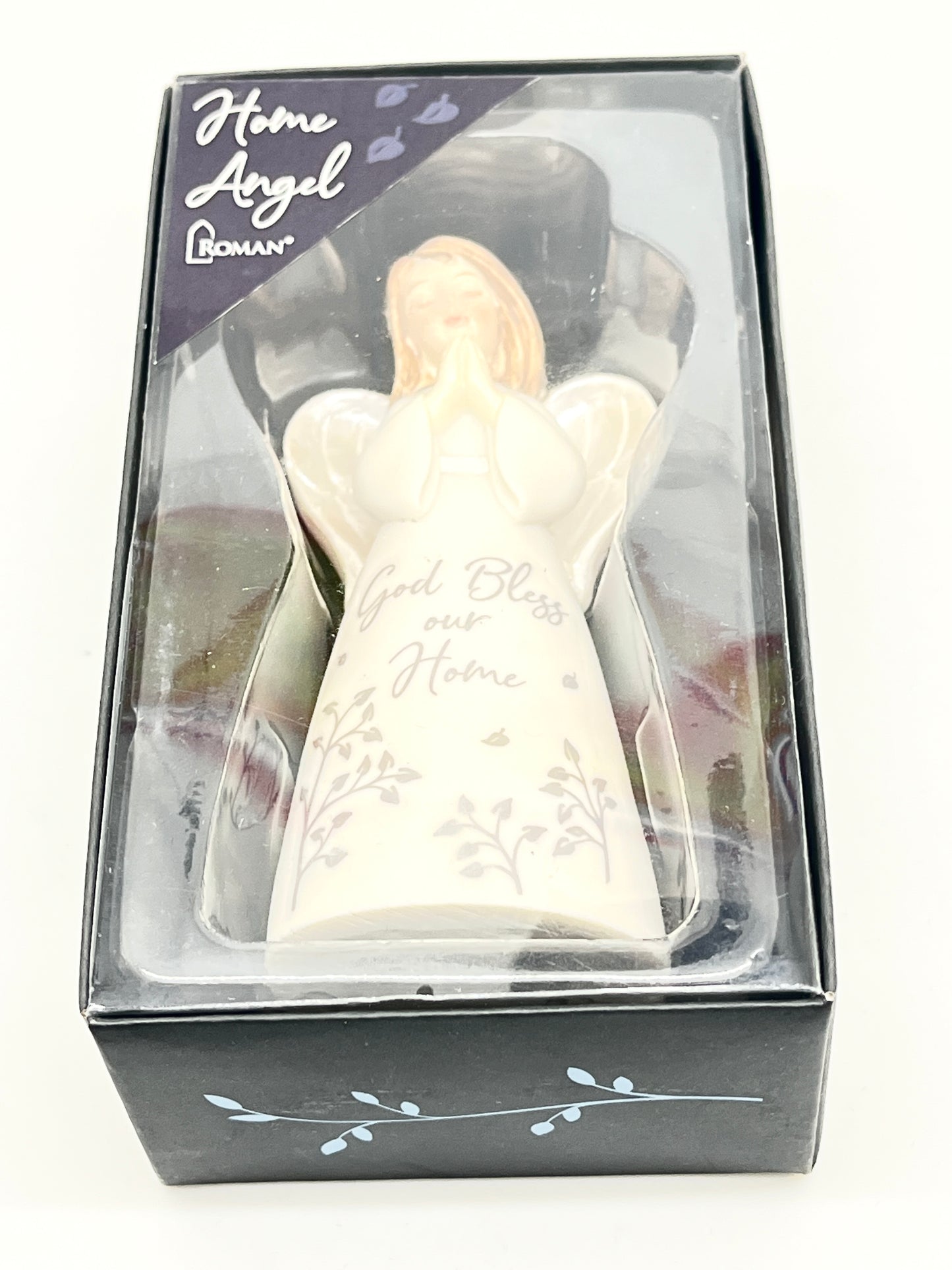 4.5" Home Blessing Angel figurine with praying hands, "God bless our Home" inscription, in decorative gift box