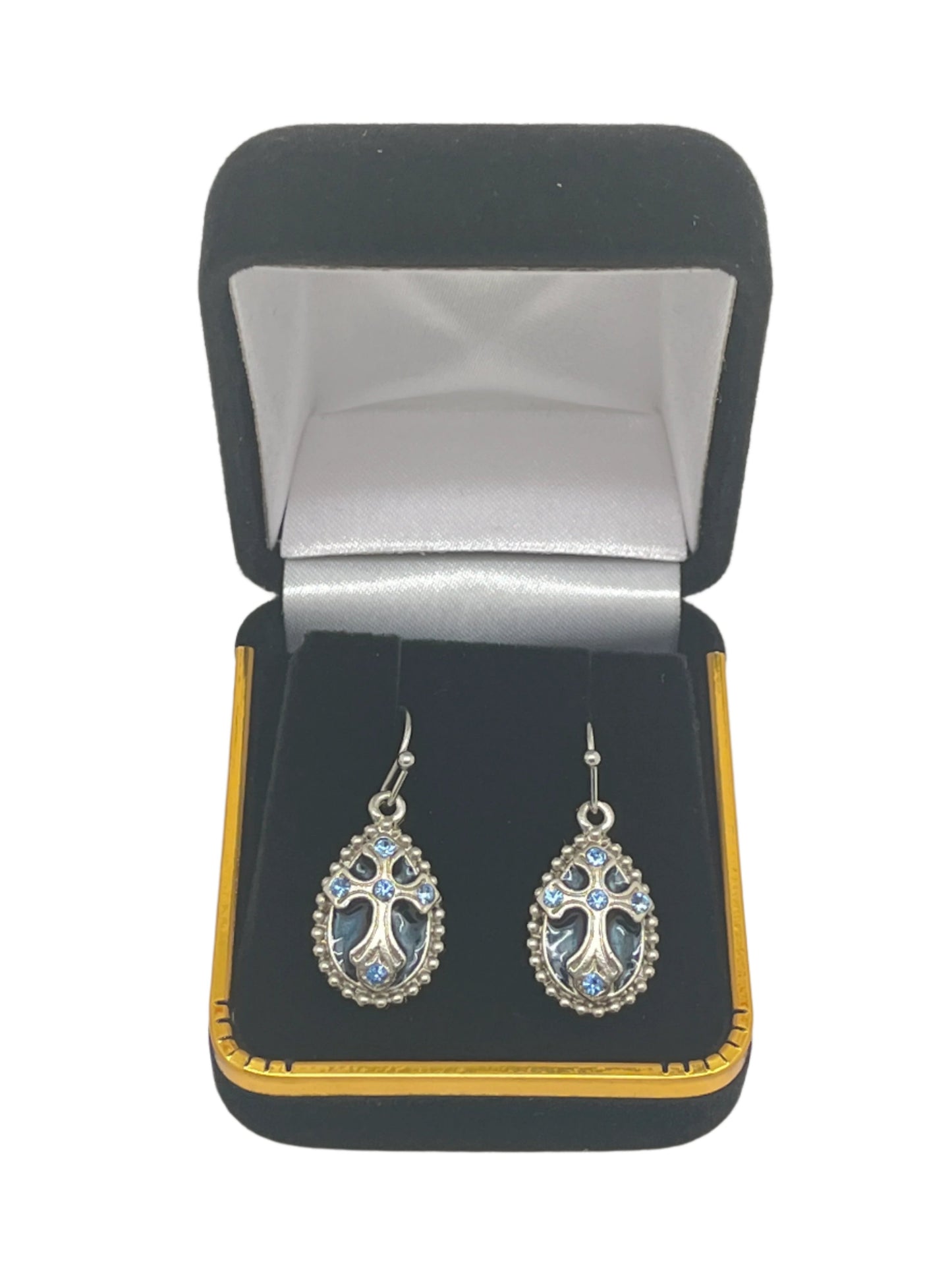 Silver tone blue enamel and crystal cross teardrop earrings displayed in black and gold jewelry box