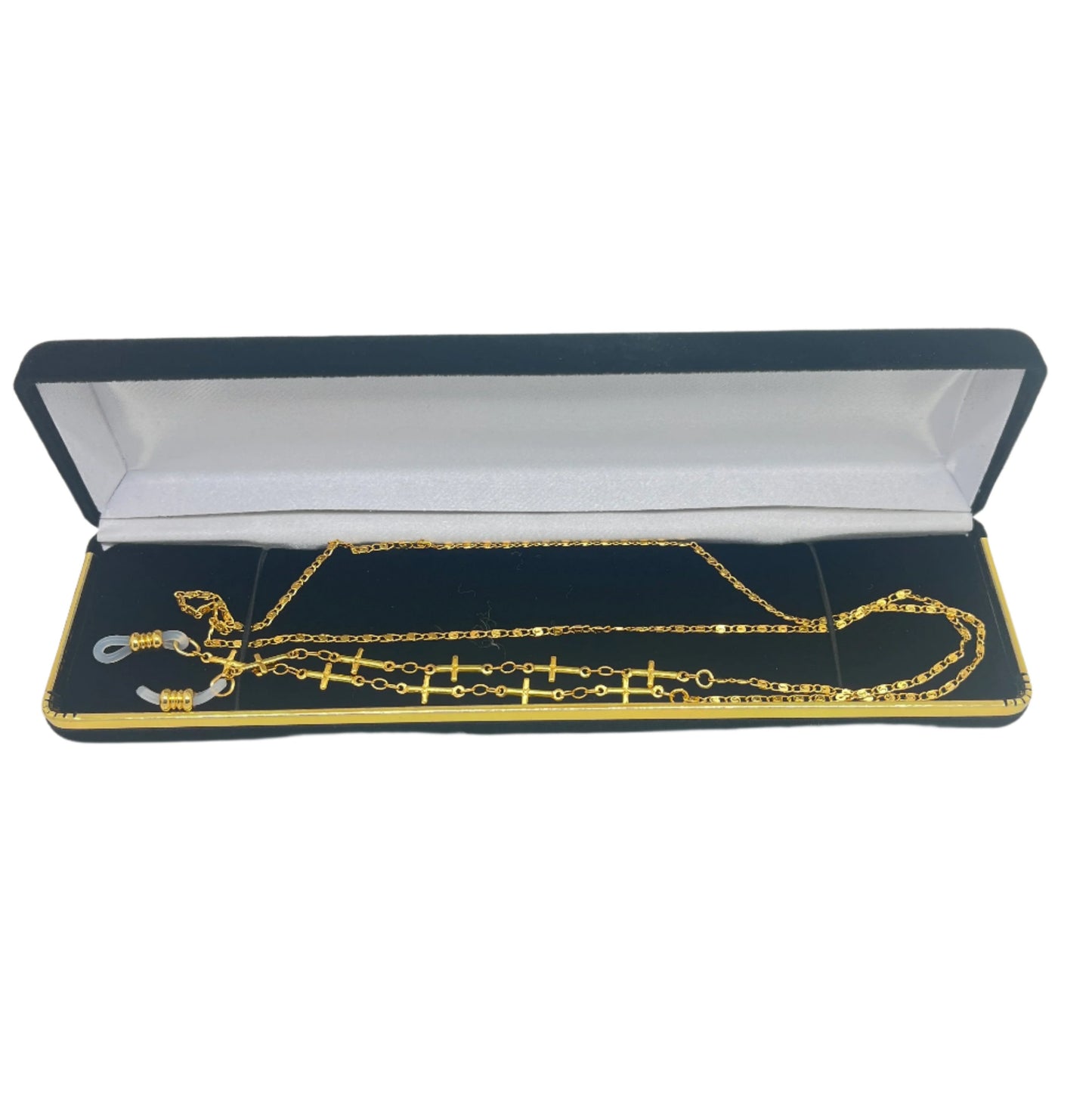 Gold-tone Cross Link Eyeglass Holder Chain displayed in black and white lined jewelry box with silicone loops on ends