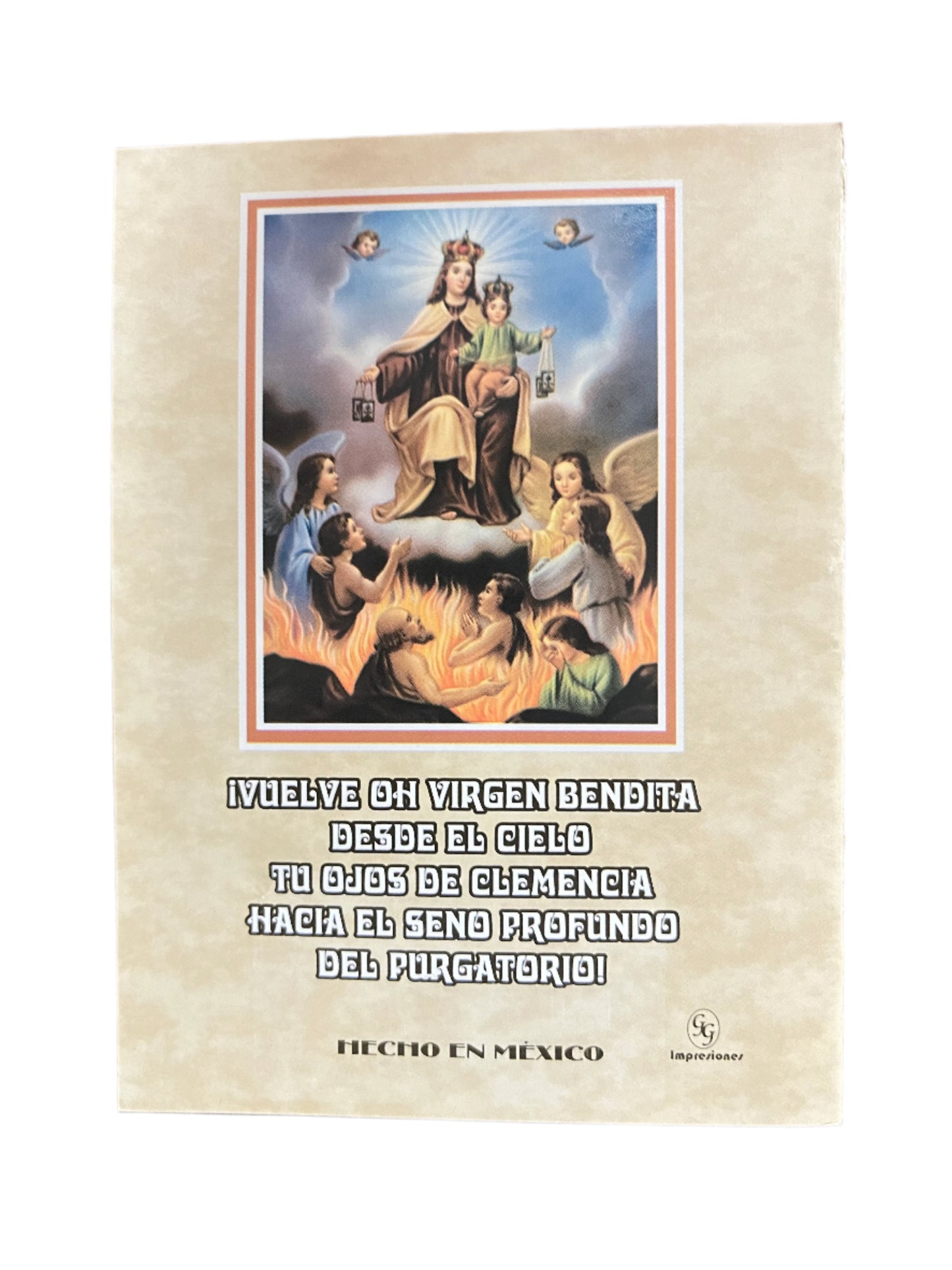 Novena a Las Ánimas del Purgatorio booklet with religious image of Virgin Mary and souls in purgatory, beige background