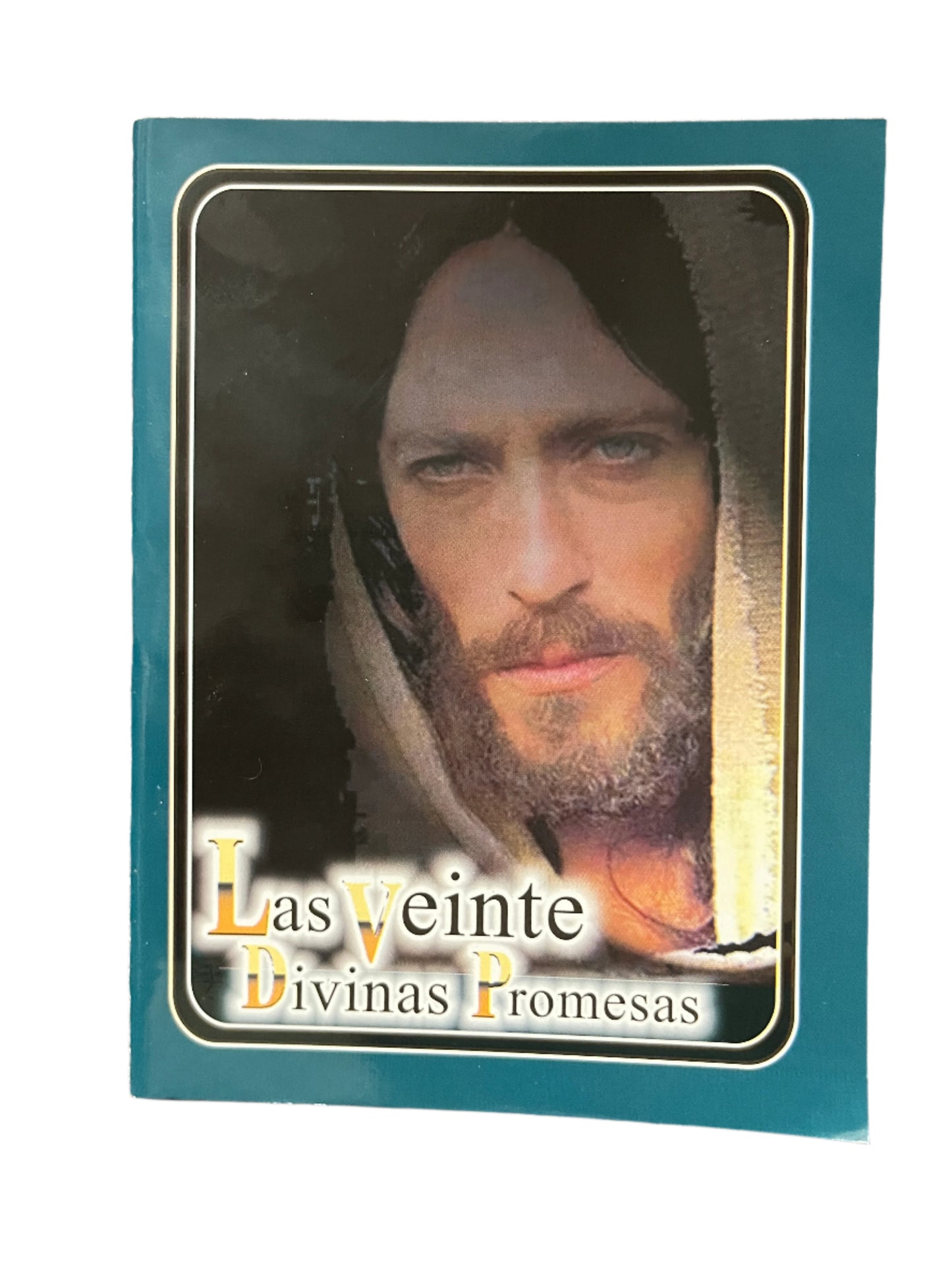 Book cover of Las Veinte Divinas Promesas featuring a solemn image of Jesus Christ with a hooded cloak and spiritual theme.