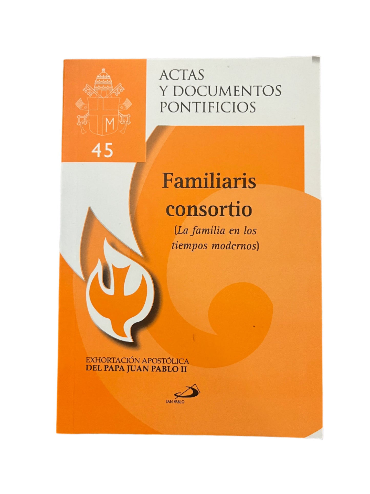 Familiaris Consortio book cover in orange and white with dove symbol and papal document title by Pope John Paul II