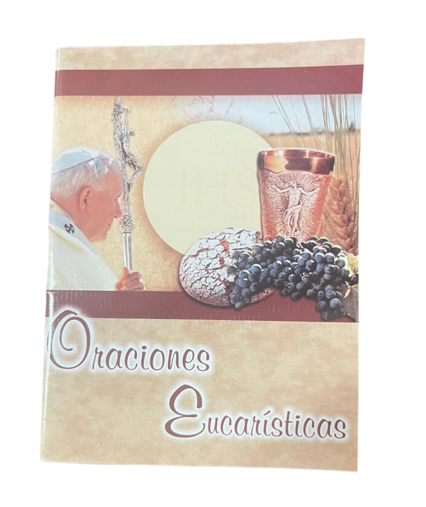 Oraciones Eucarísticas book cover with pope, communion bread, wine chalice, grapes, and wheat illustration in soft tones