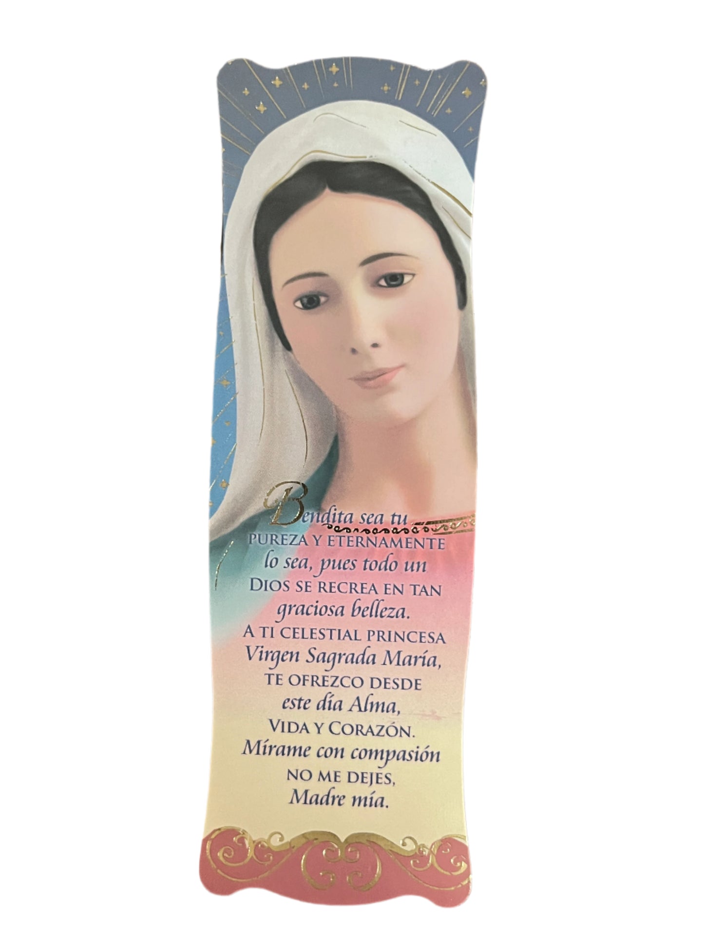 Bookmark with image of the Virgin Mary and Spanish prayer text offering devotion and compassion to the Reina de la Paz