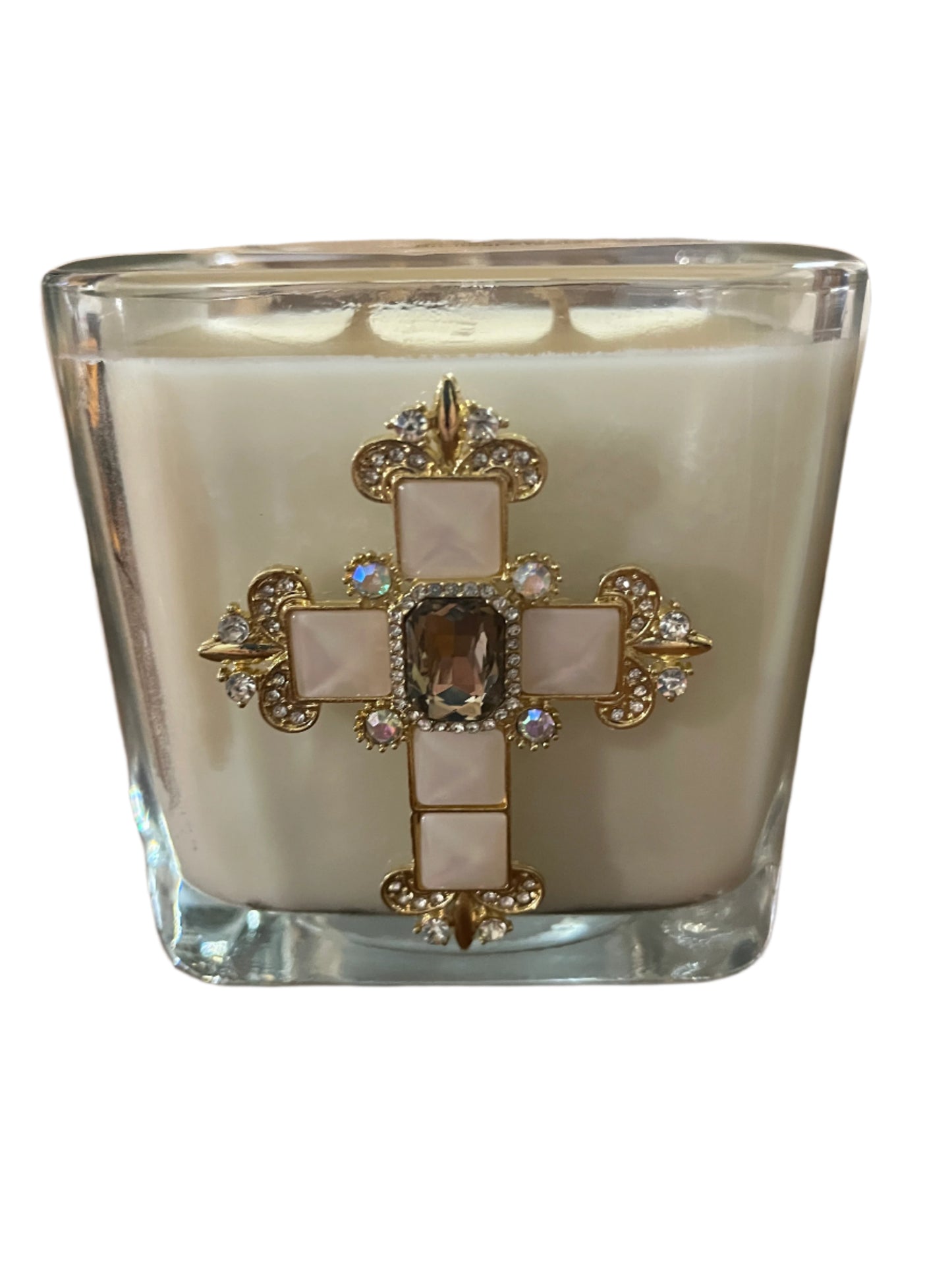 3 1/2" Spikenard candle in clear glass with iridescent jeweled cross featuring Mother of Pearl and crystals