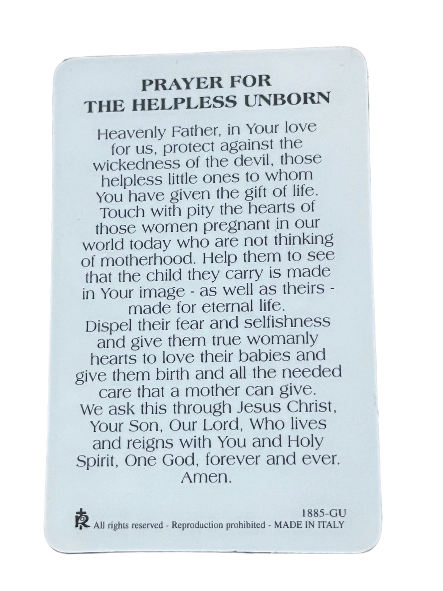 Our Lady of Guadalupe prayer card with protective prayer for unborn, detailed text, and Made in Italy mark on white card background
