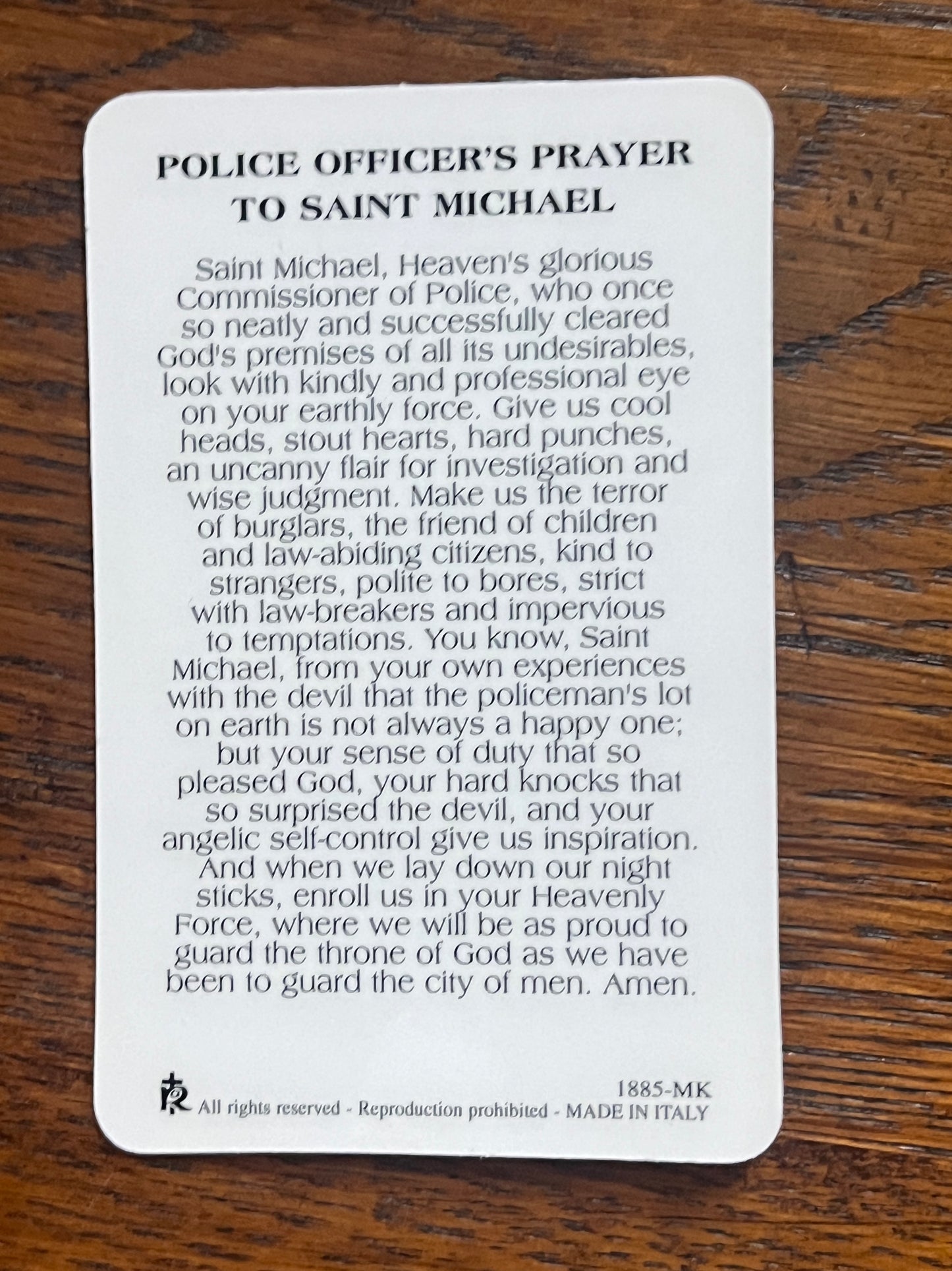 St. Michael Prayer Card with Police Officer’s Prayer text, made in Italy, designed for spiritual protection and devotion
