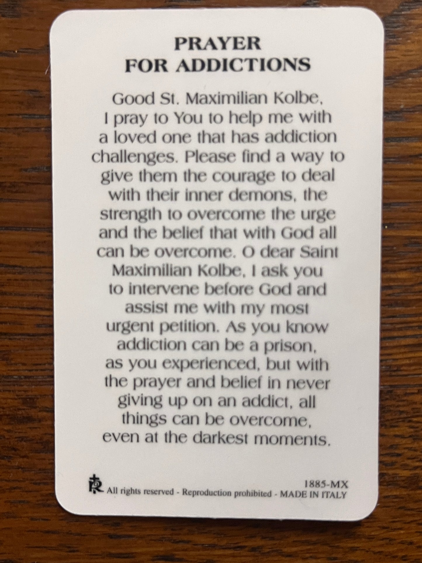 Prayer card for addictions with St. Maximilian Kolbe prayer asking for courage and strength to overcome urges and darkness