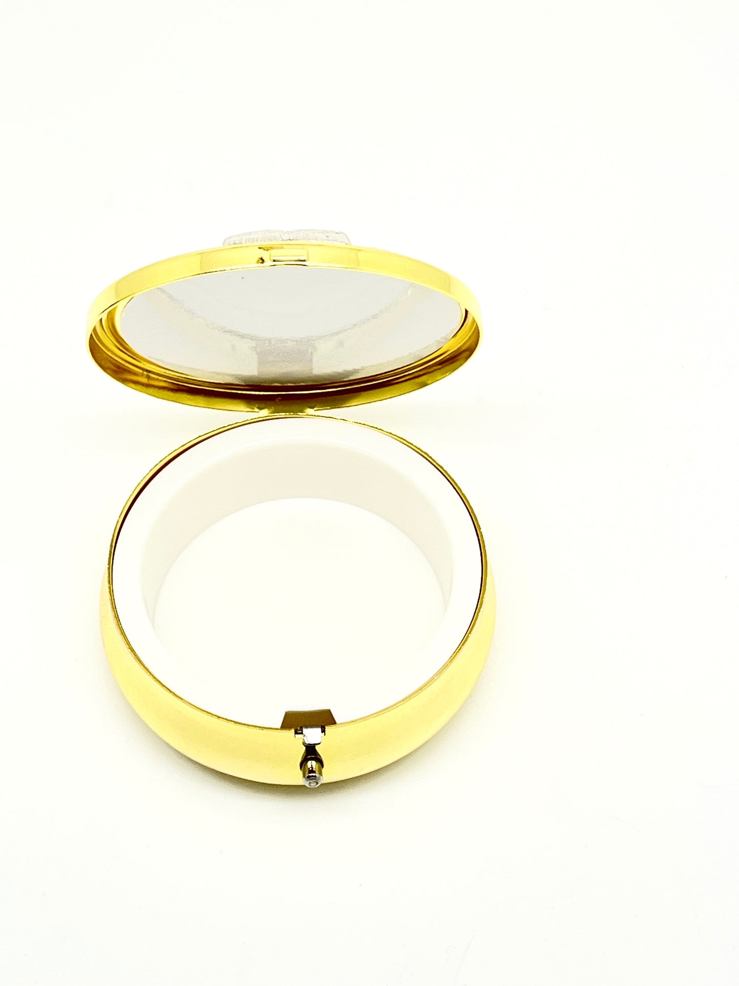 2 1/8" Gold pewter and blue Our Lady of Grace Pyx with plastic lining and hinged lid open display