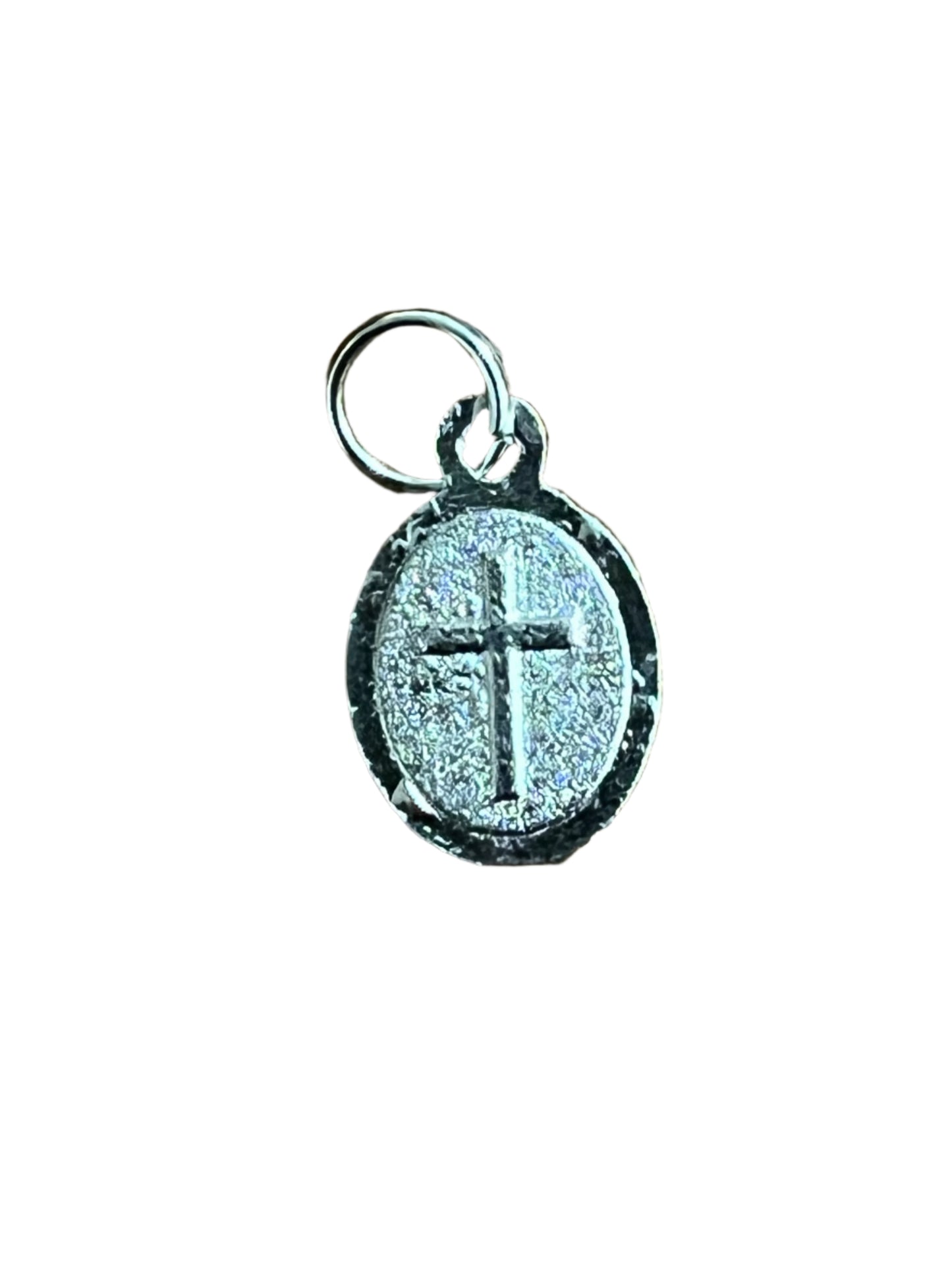 Small Our Lady of Lourdes medal charm with textured cross design and loop for attaching to jewelry pieces