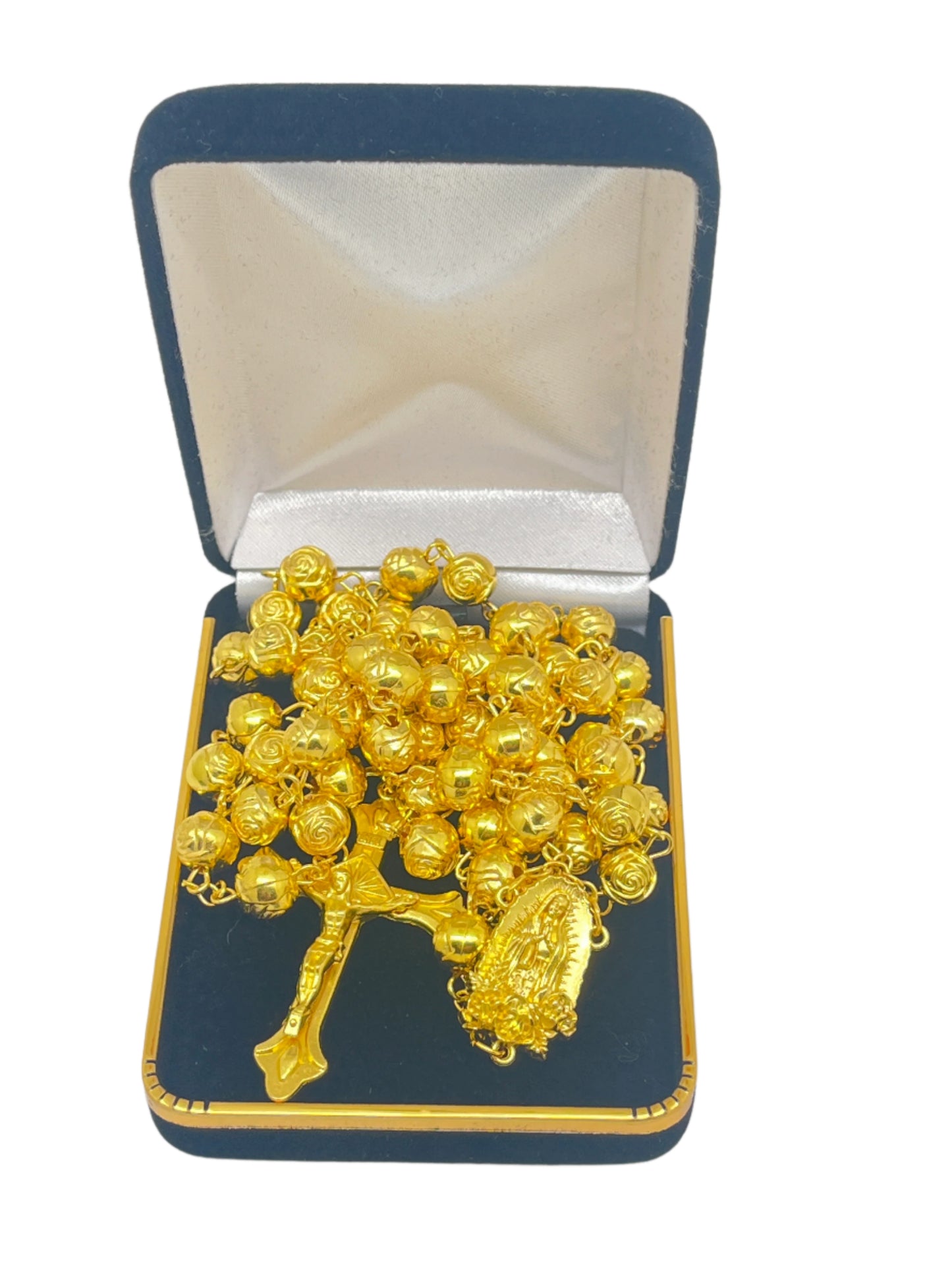 Our Lady of Guadalupe golden rosary with rose beads, detailed Guadalupe centerpiece, crucifix, in black velvet gift box