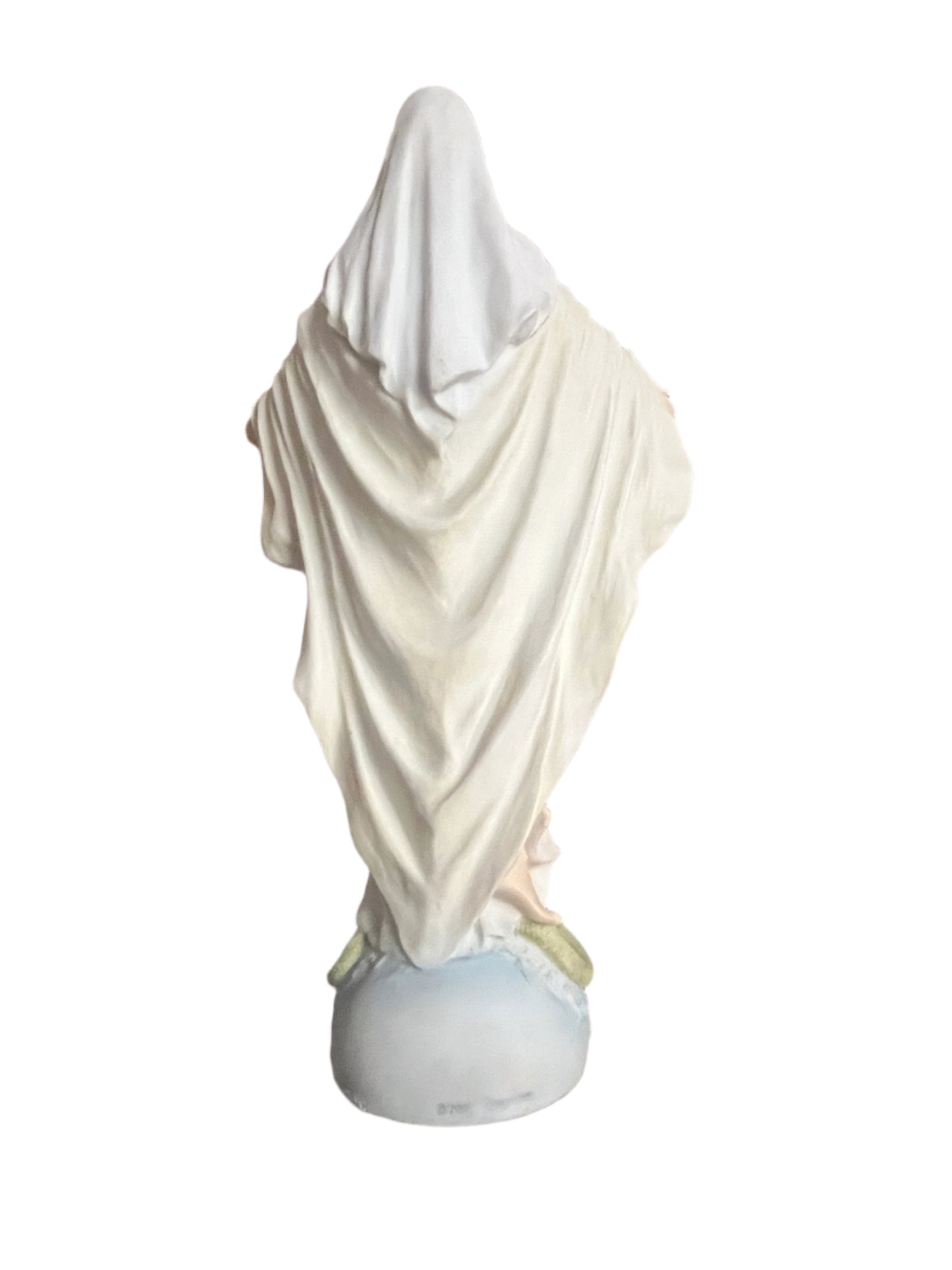 10 3/4" Graceful Mary statue showing detailed back view with flowing white and cream robes on rounded base