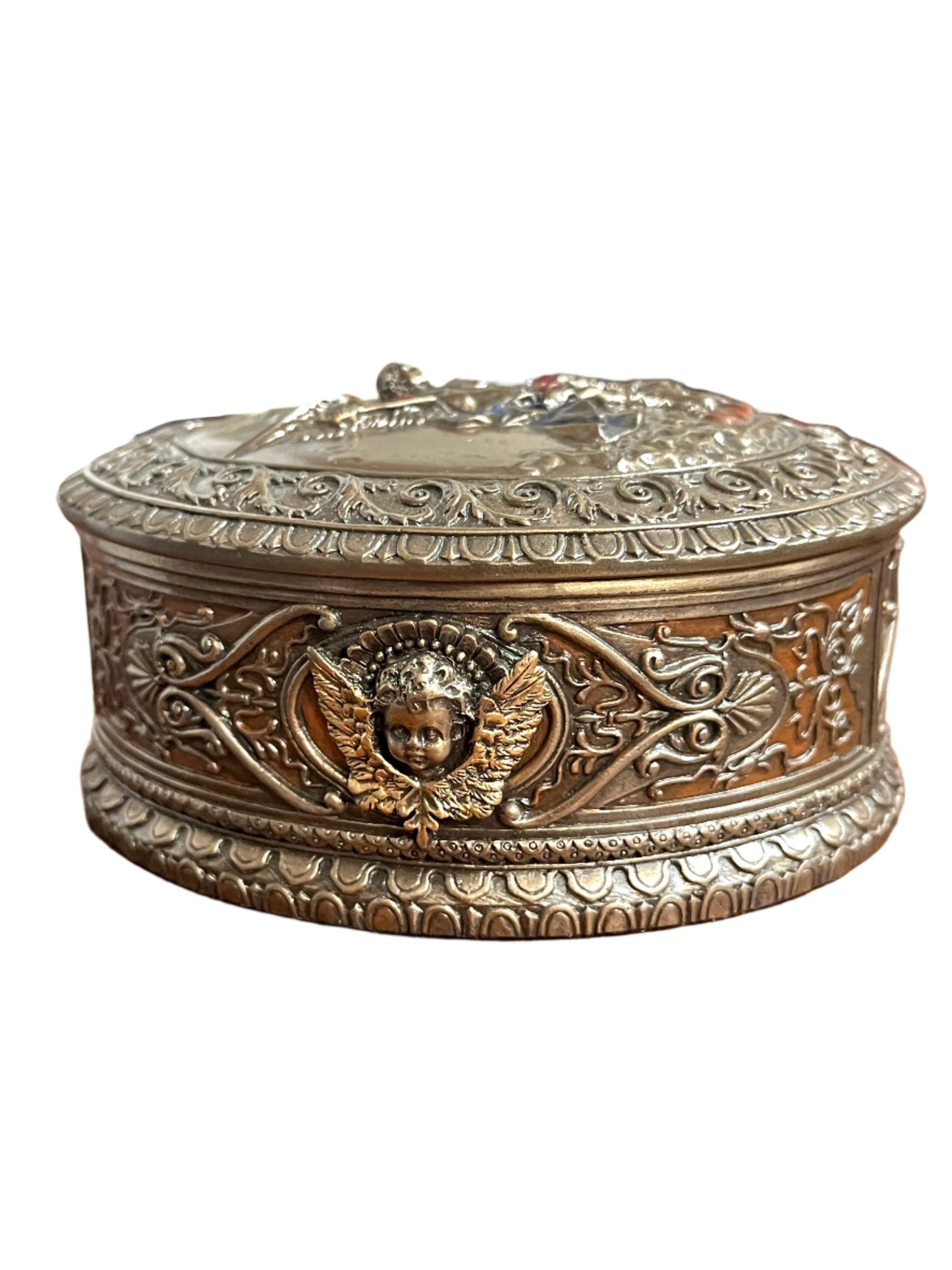 4 3/4" oval Saint Michael keepsake box with detailed bronze finish and raised angel and scrollwork designs