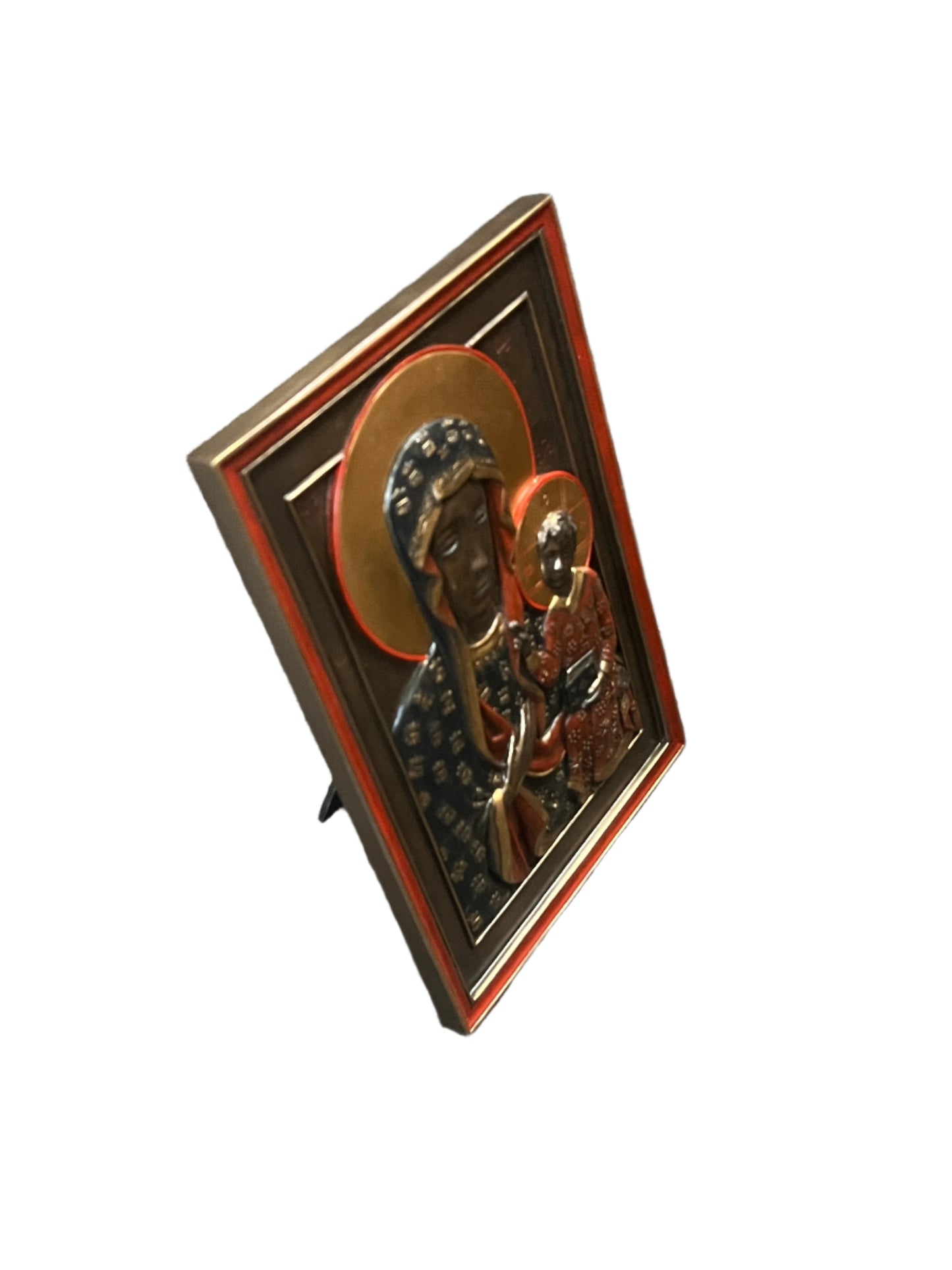 9" bronze Our Lady of Czestochowa wall plaque with detailed gold and red accents, displayed on metal stand