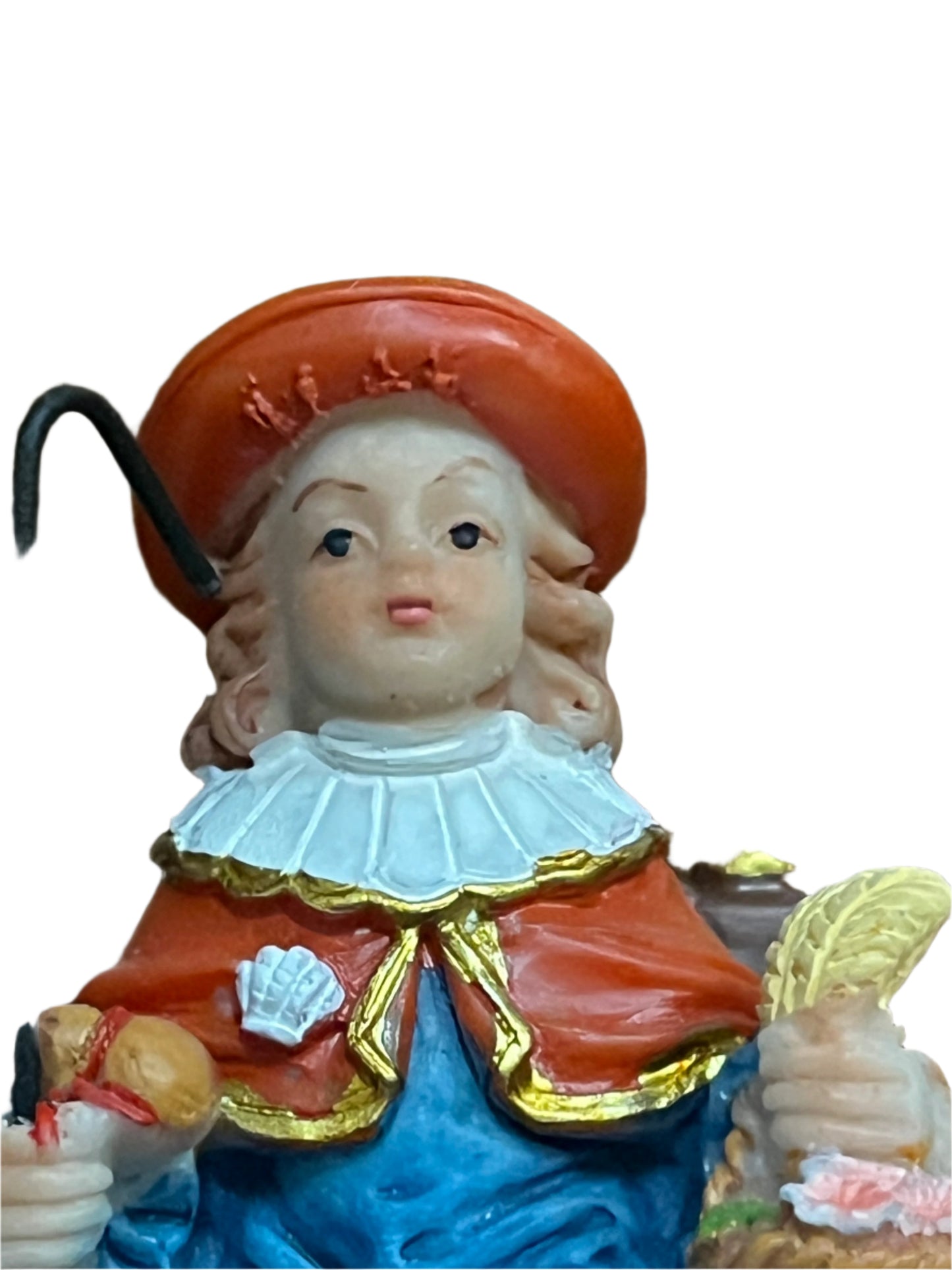 3-inch Santo Niño de Atocha statue with red hat, blue robe, staff, and detailed gold trim accents