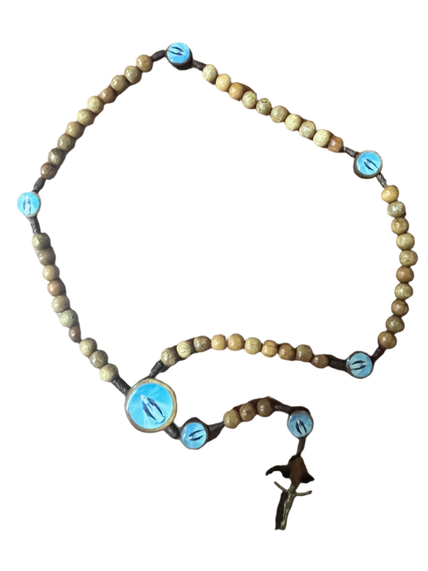 Brazilian wood rosary with natural brown beads, blue Our Lady Grace medallions, and dark metal crucifix pendant