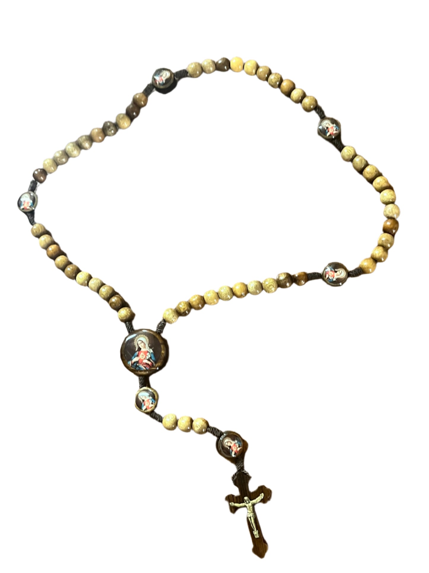 Immaculate Heart of Mary Brazilian wood rosary with round painted centerpieces and dark wood crucifix pendant