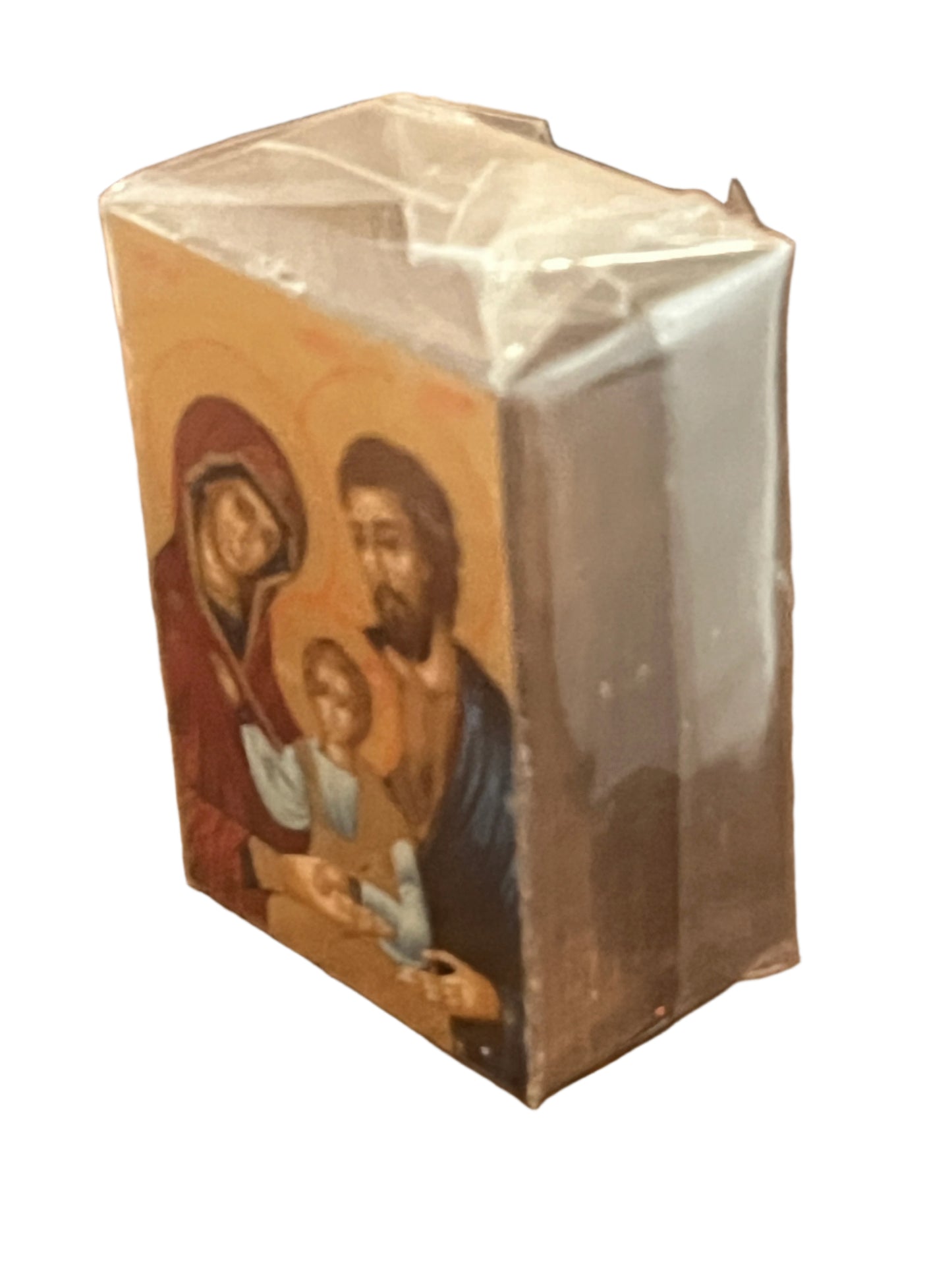 2 1/2" Greek hand-painted serigraph table icon of the Holy Family with Jesus, Mary, and Joseph in warm tones