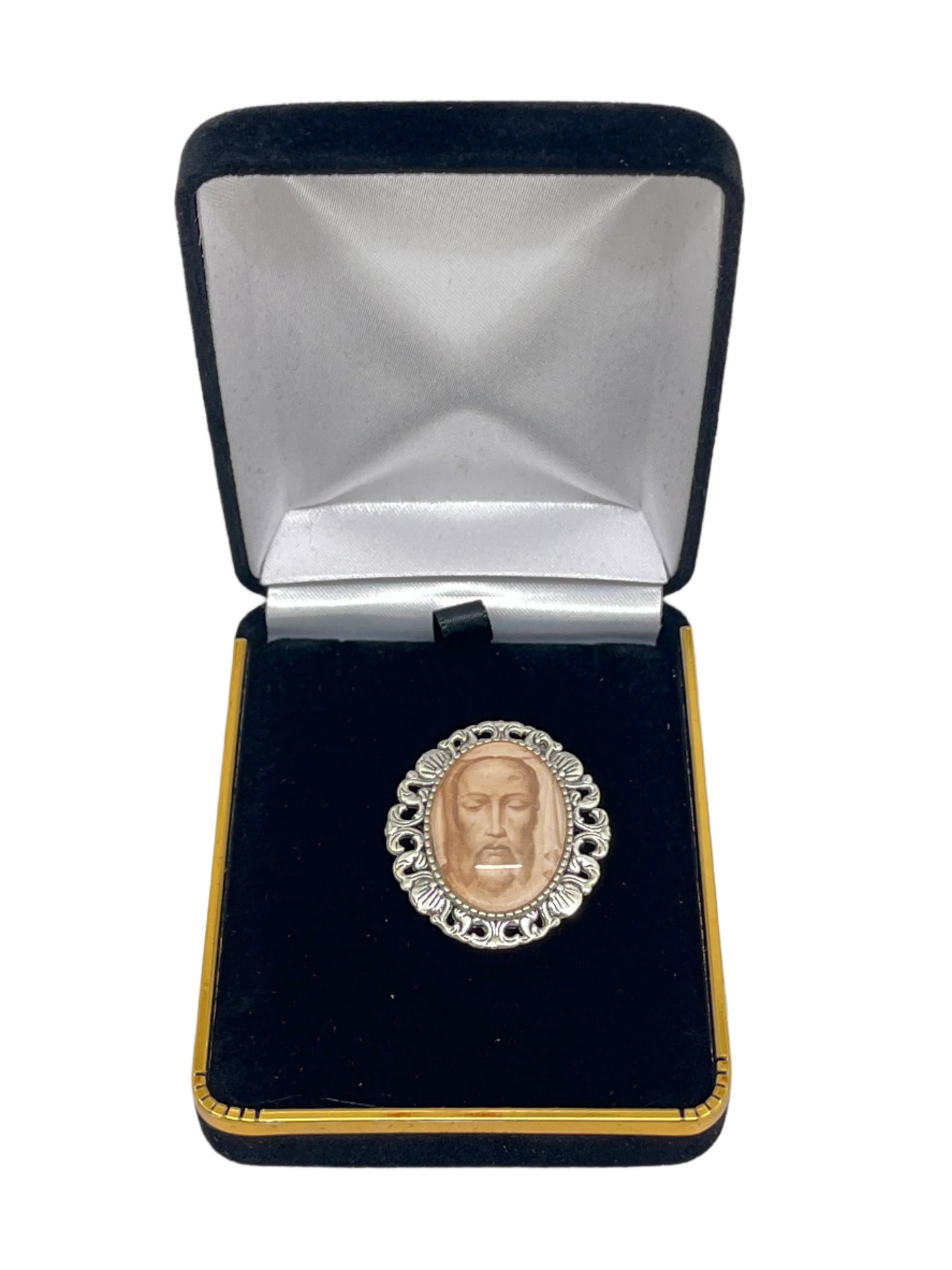 1 1/2" Spanish Holy Face brooch with carved face and ornate silver frame in black velvet display box