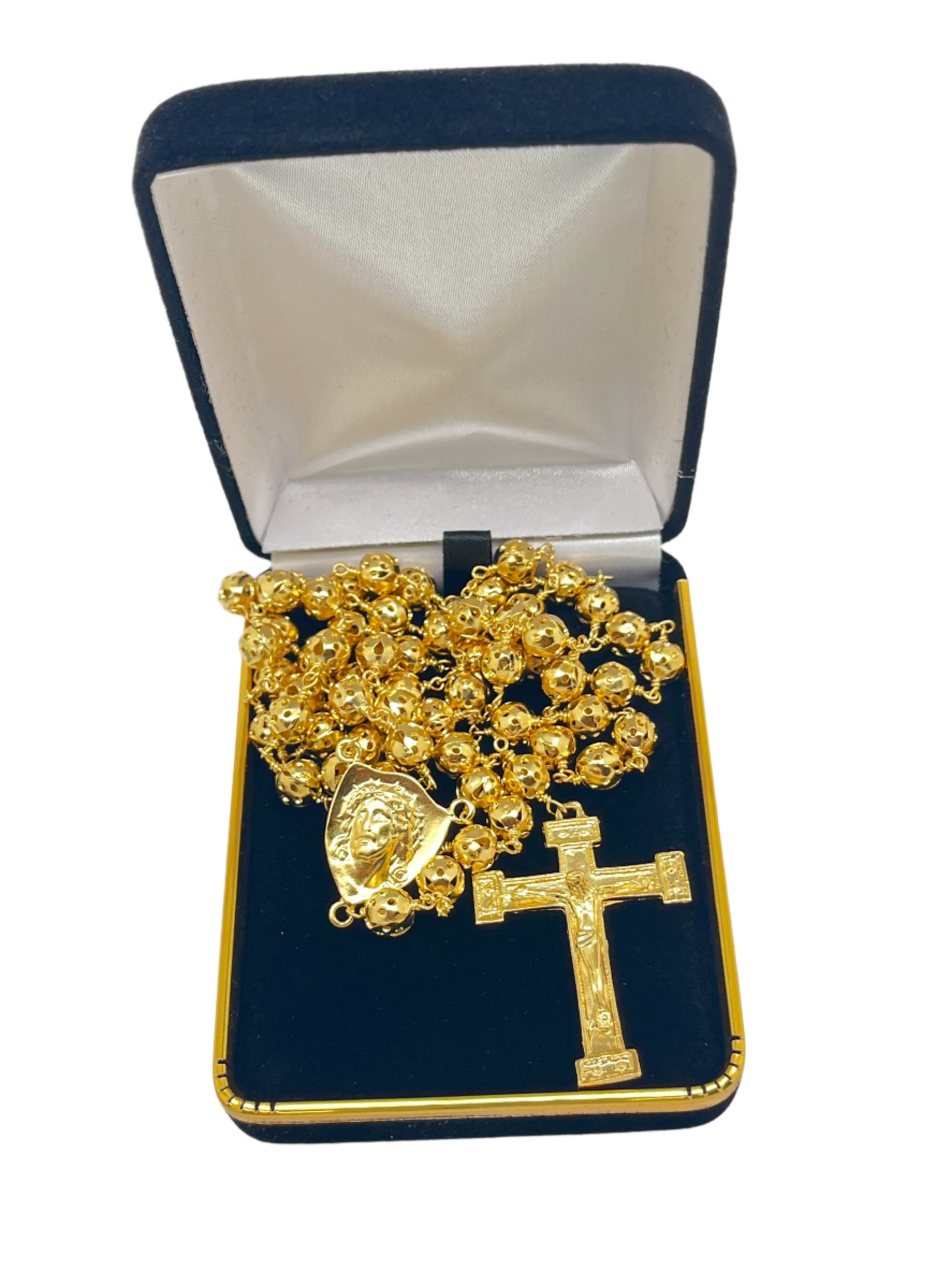 Yellow gold plated rosary necklace with Holy Face centerpiece and detailed crucifix in black and gold velvet box