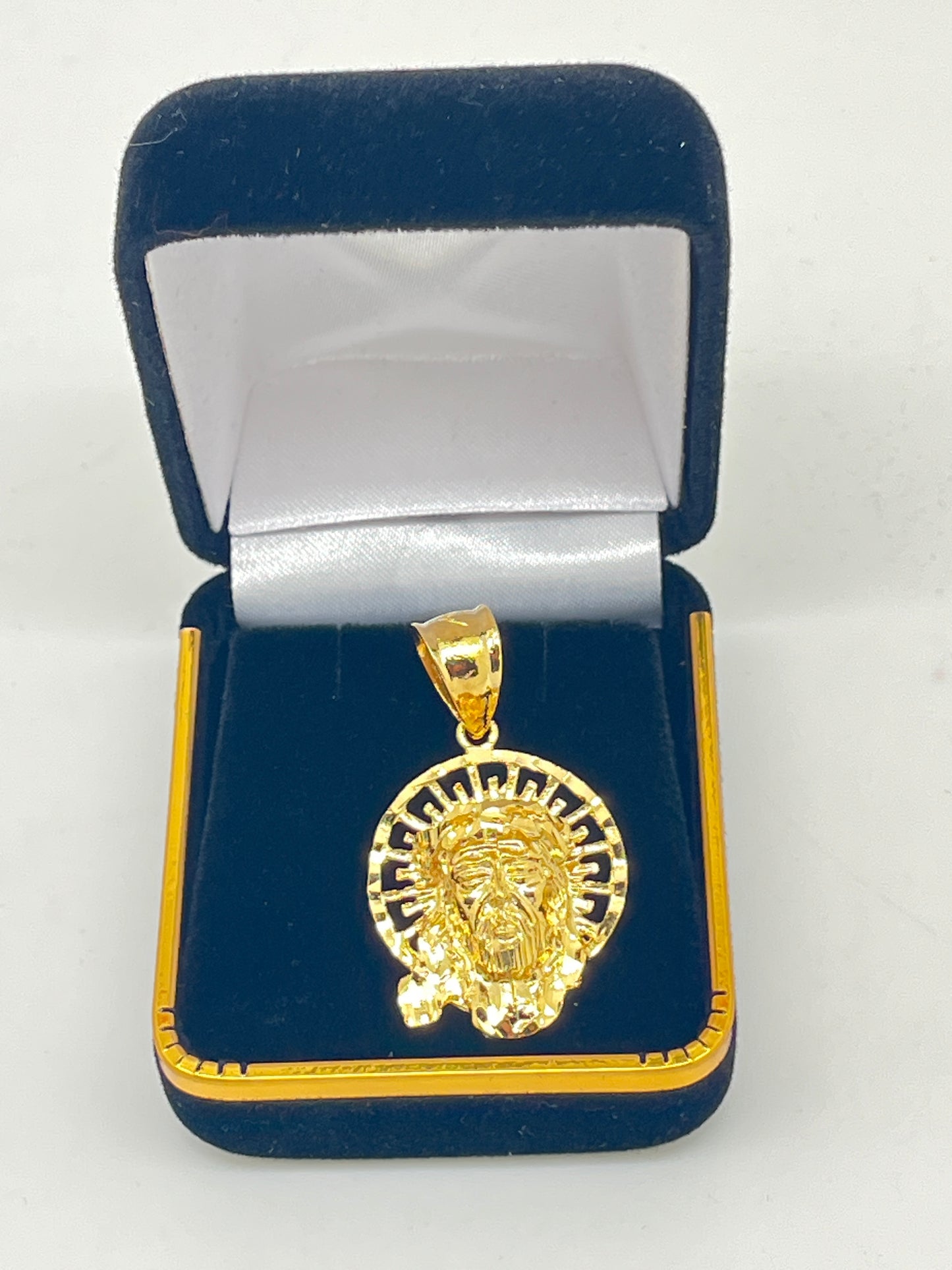 Gold plated bronze pendant of Holy Face of Jesus with crown of thorns in black velvet jewelry box