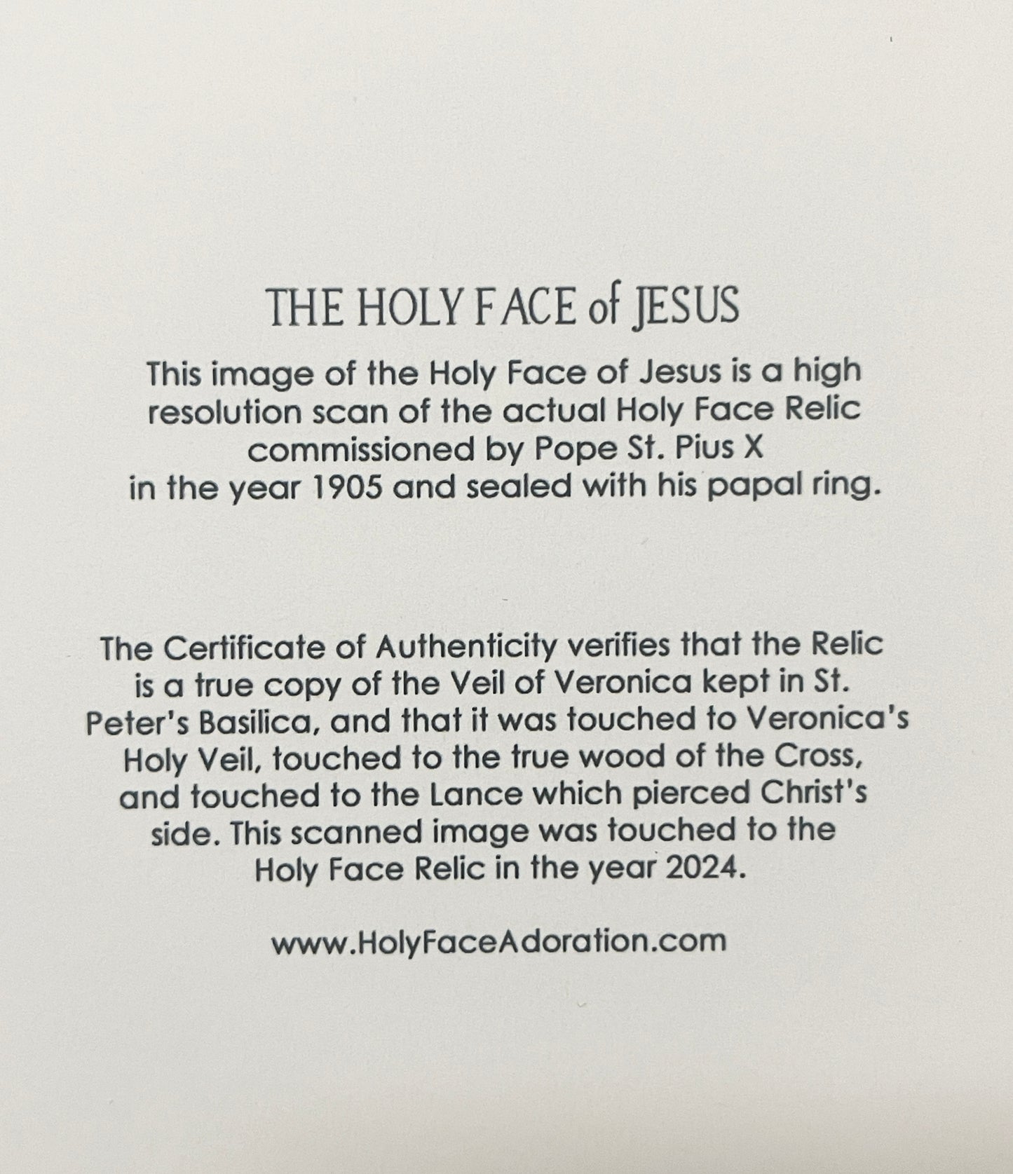 Certificate of authenticity text describing Holy Face of Jesus relic scan from 1905 commissioned by Pope St. Pius X
