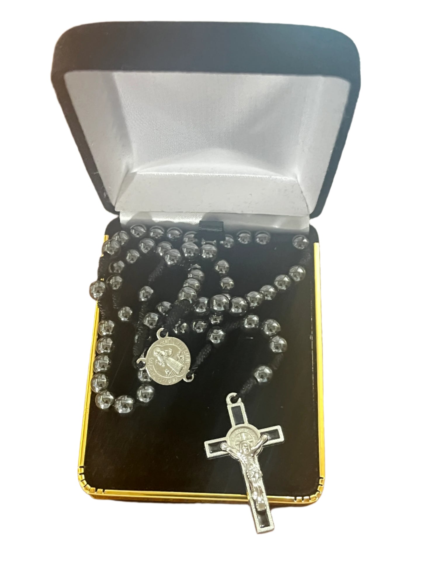 14" Saint Benedict corded hematite rosary with crucifix and medal in black velvet-lined gold-edged box