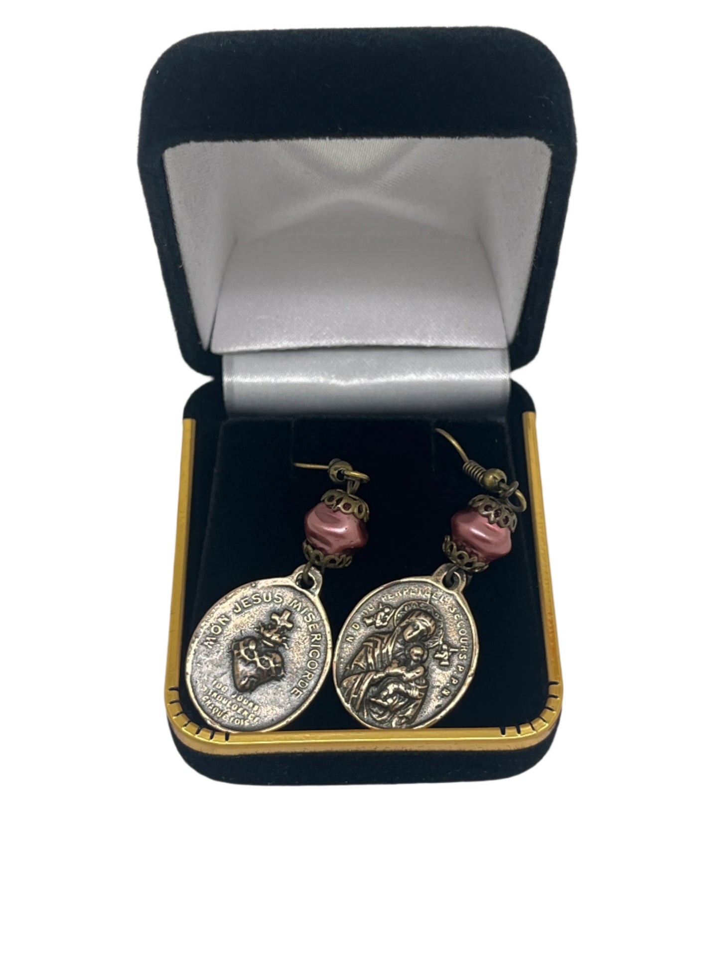 Our Lady of Perpetual Help bronze earrings with detailed medals and pink Czech pearl accents in black velvet gift box