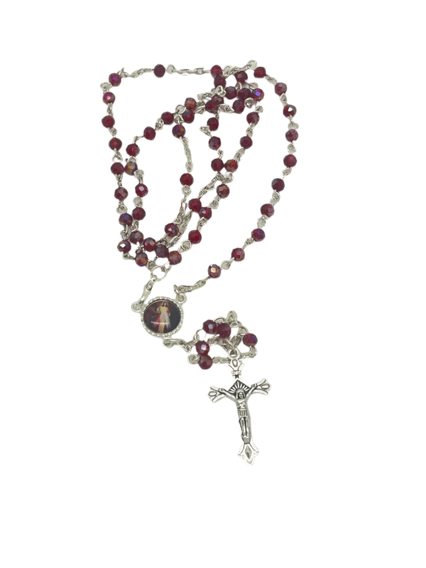 4mm Red Divine Mercy Italian rosary with detailed silver crucifix and medallion featuring Divine Mercy image