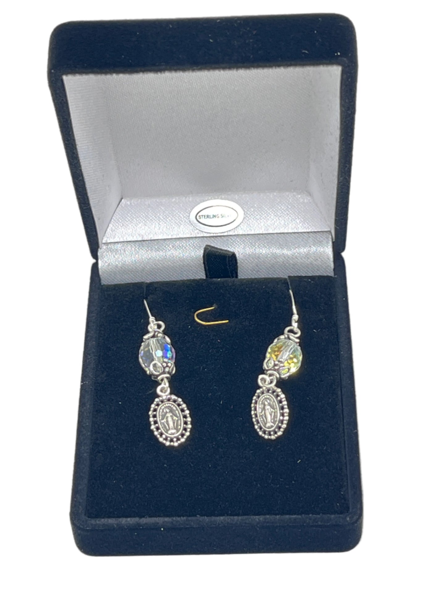 Sterling silver Miraculous Medal earrings with faceted crystal beads in black velvet jewelry box