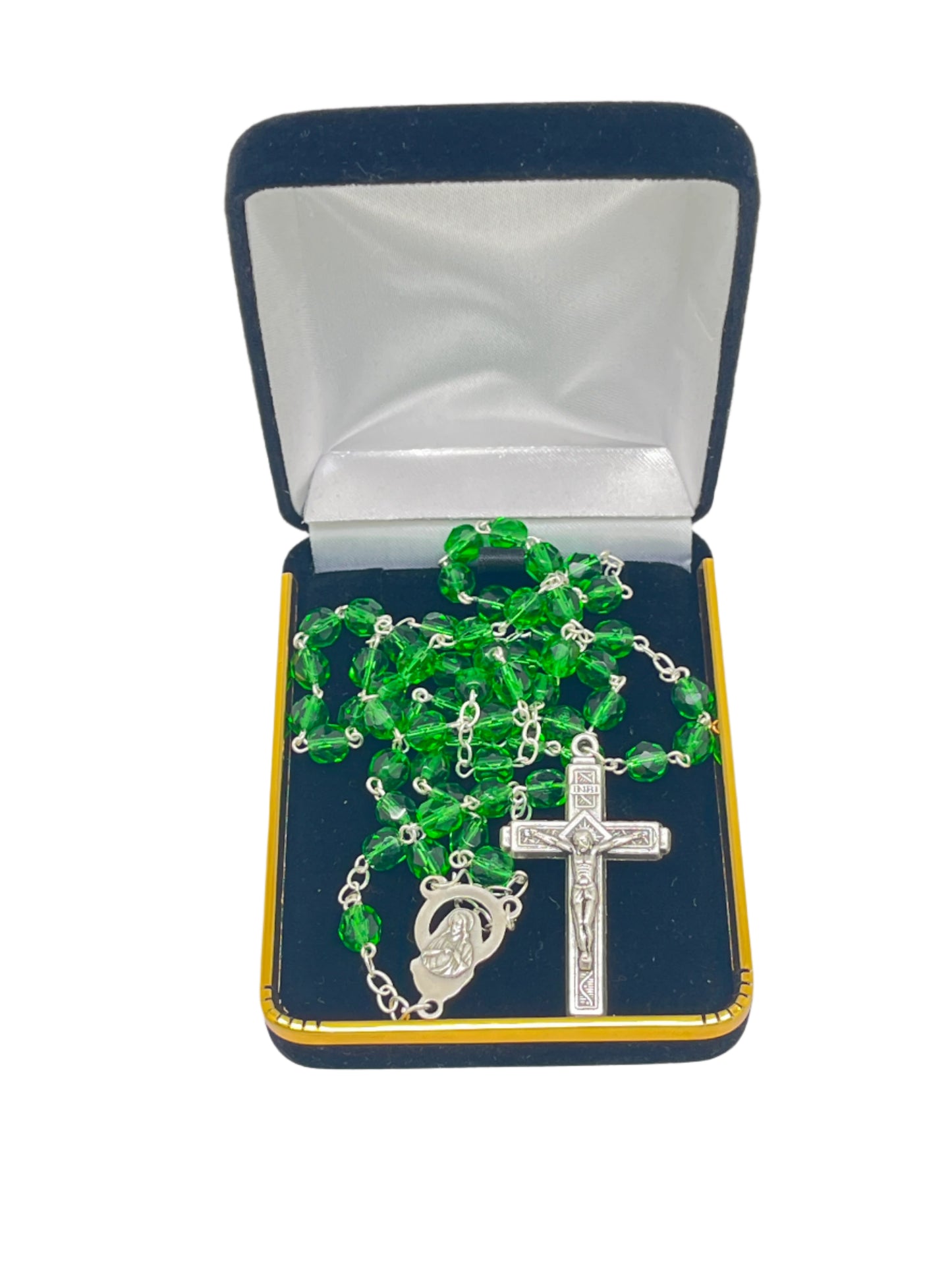 Green Italian cut glass rosary with 6MM beads, silver crucifix, miraculous medal, presented in black velvet box