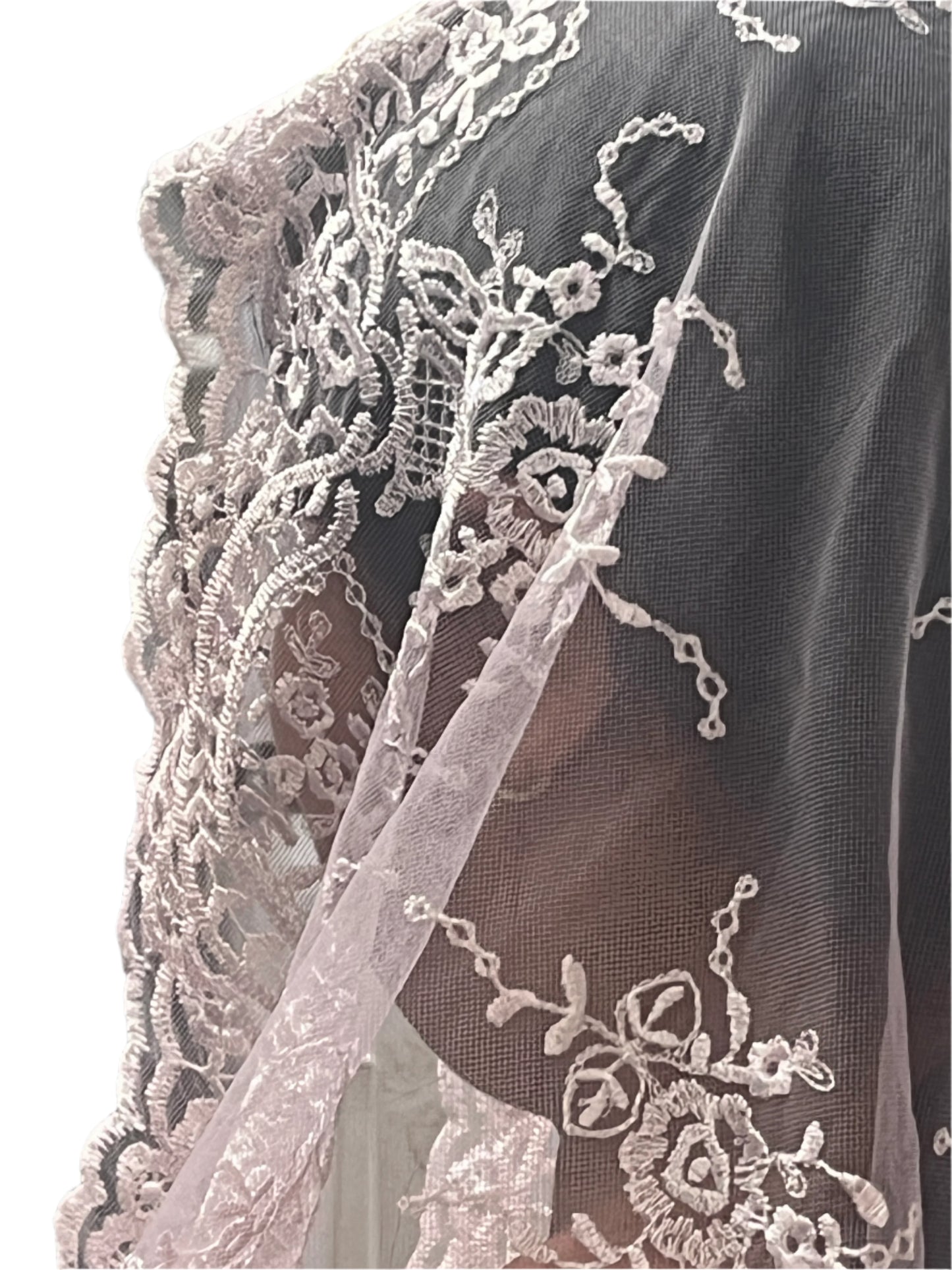 51" pale pink Spanish lace mantilla chapel veil with floral motifs and intricate scalloped lace edge detailing