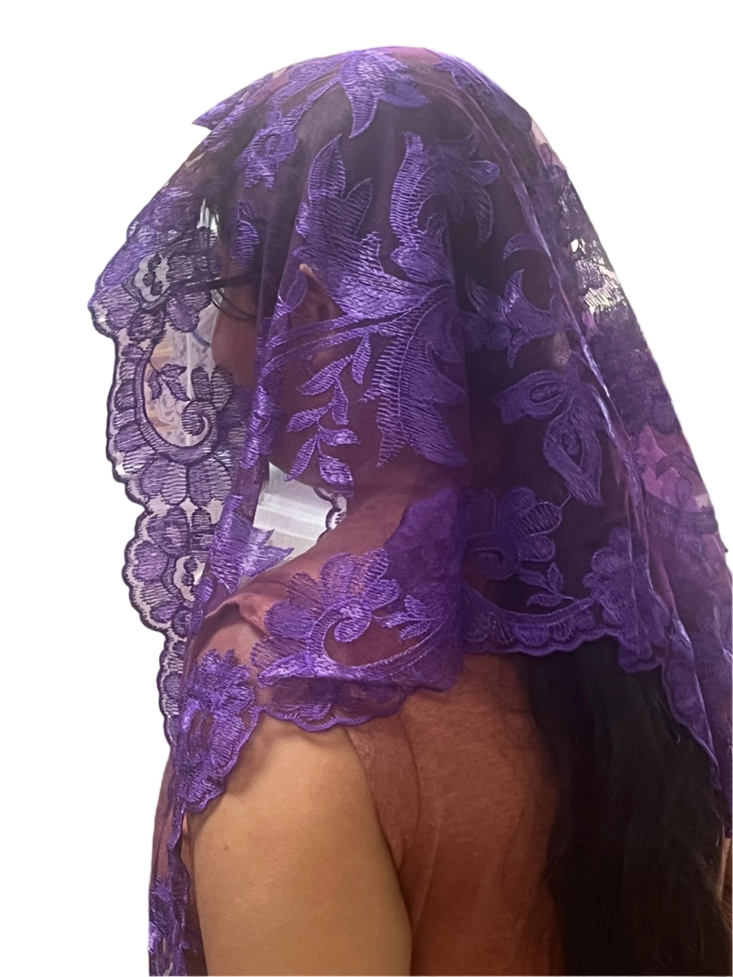Eggplant purple Spanish lace mantilla chapel veil with floral motifs and scalloped edges, 51 inches long.