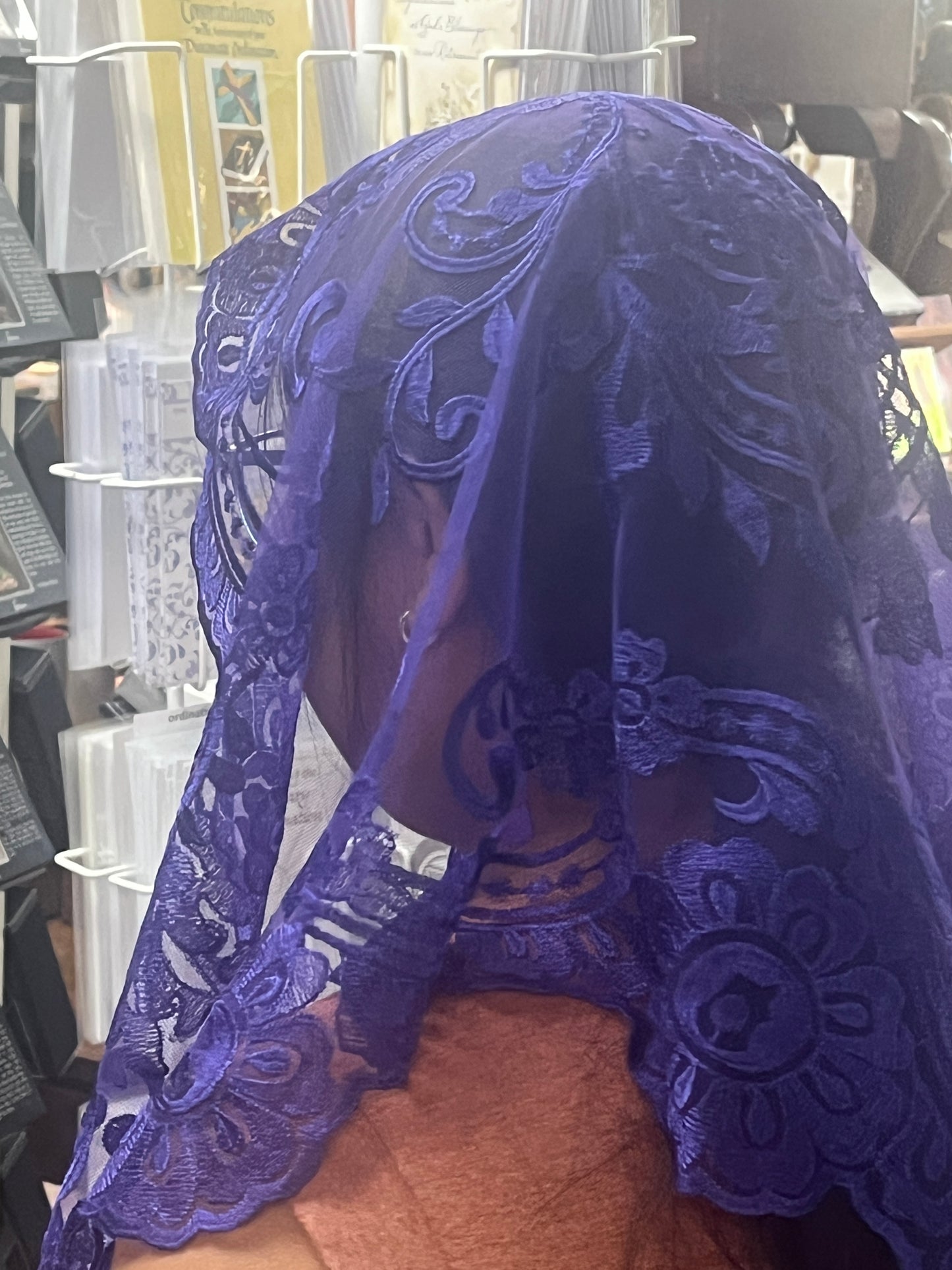 Grape Lilian lace mantilla chapel veil with intricate floral motifs and scalloped edges, 51 inches long, worn over head